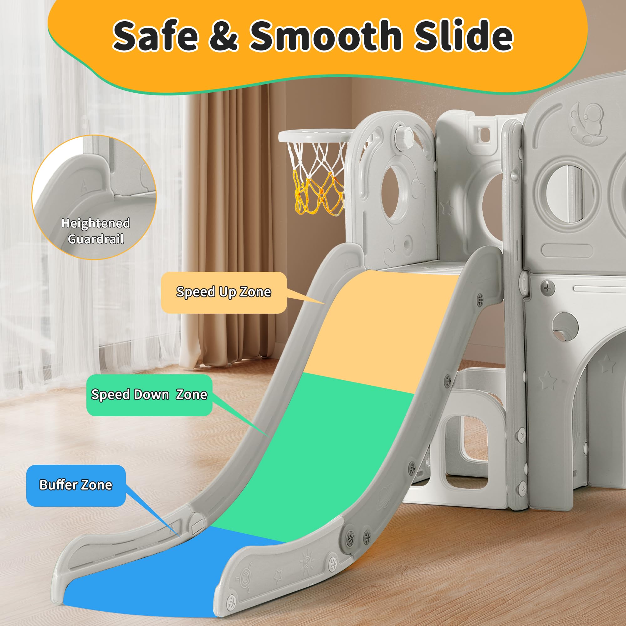 8-in-1 Toddler Slide Playset for Kids Ages 1-3 | Indoor/Outdoor Baby Slide with Basketball Hoop & Telescope | Fun Playground Toy for Toddlers (White) - Perfect for Backyards, Playrooms & Daycare Centers