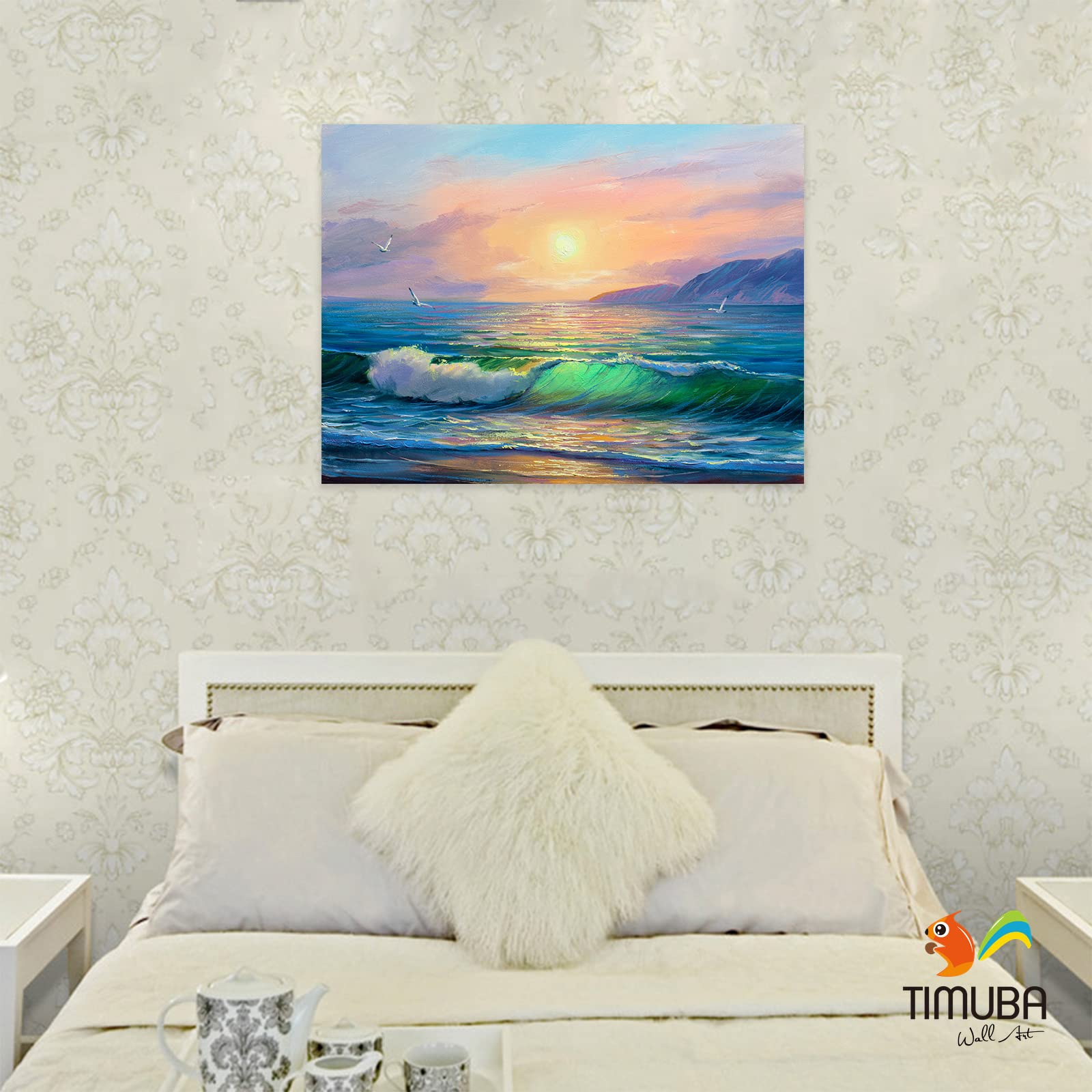 Ocean Wall Art - Abstract Beach Themed Painting for Bathroom & Bedroom Decor - 32x48 Inch Seagull Wall Decor - Perfect for Coastal, Nautical & Beach House Interior Design