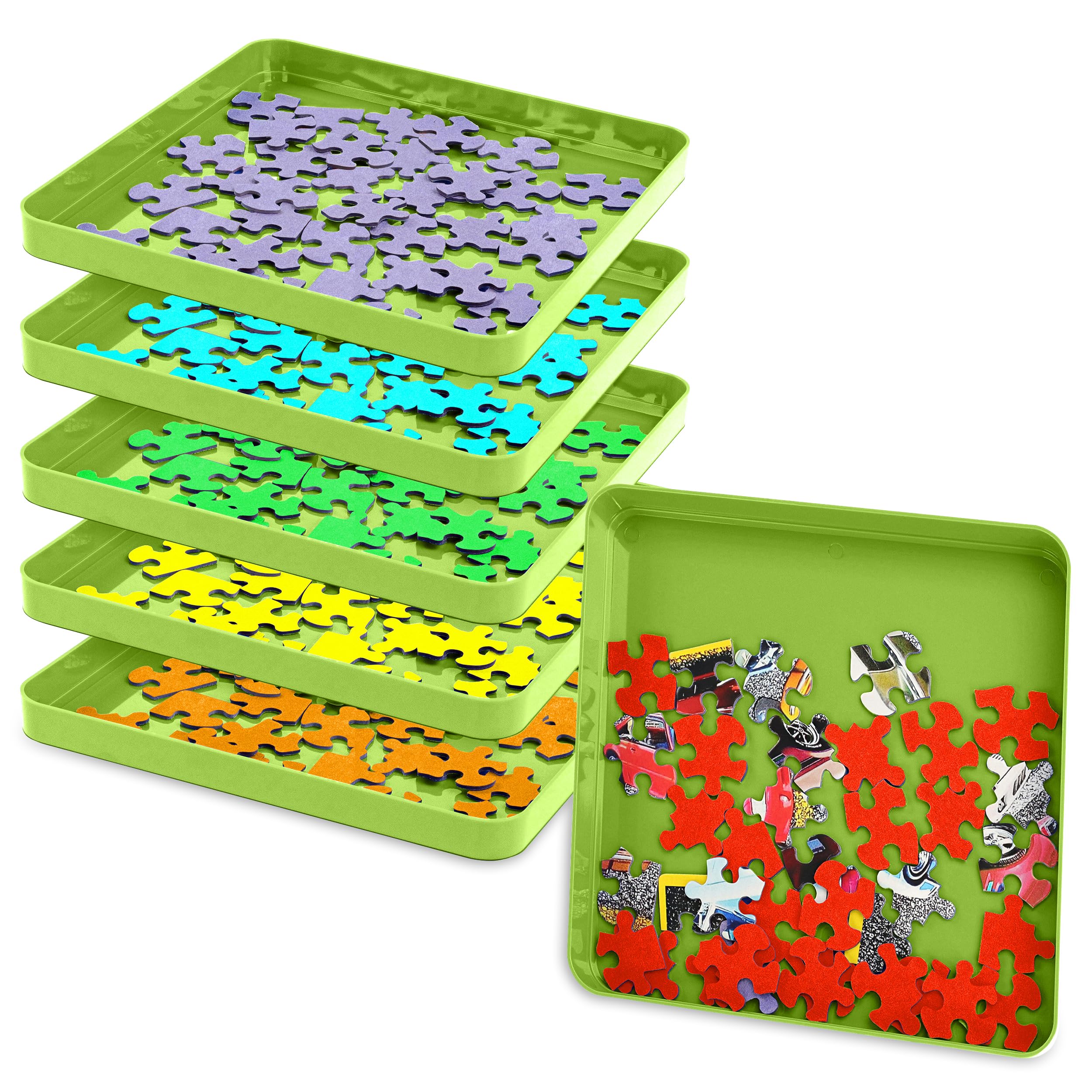 Jigitz 6-Pack Green Plastic Jigsaw Puzzle Sorter Trays - Puzzle Organizer & Stacking Trays for 1000-2000 Piece Puzzles - Perfect for Puzzle Enthusiasts & Family Game Nights