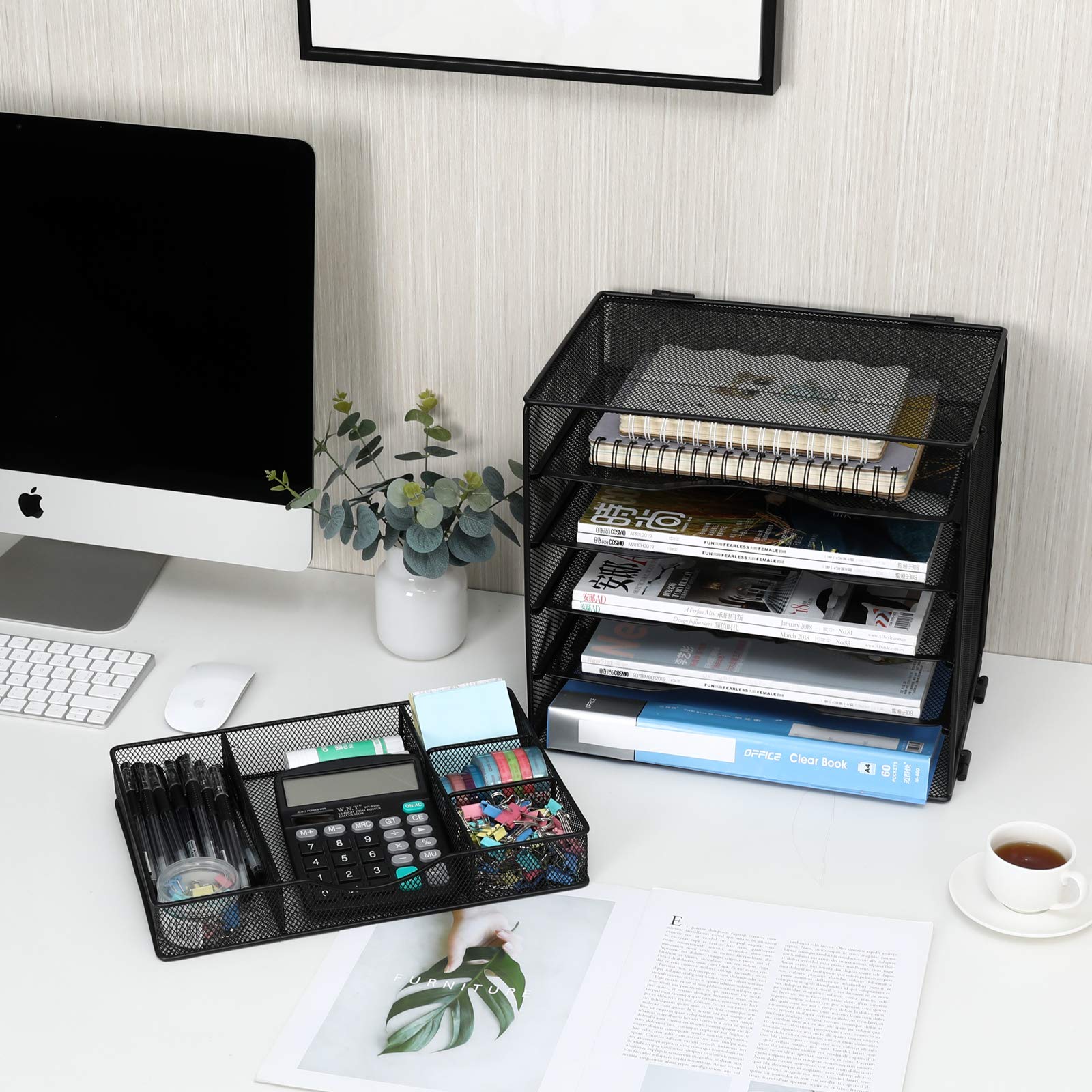 5-Tier Mesh Desk Organizer with Drawer - Black File Sorter & Paper Storage Tray for Home, Office, Classroom Organization | Perfect for Documents, Stationery, and Office Supplies