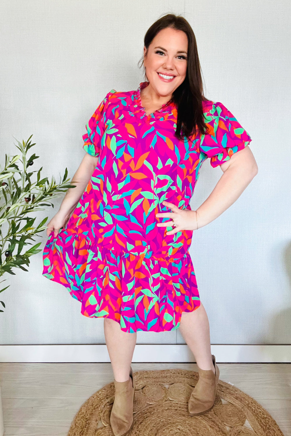 Fuchsia Tropical Leaf Print Woven Ruffle Hem Dress with Pockets - Women's Summer Beach Dress for Vacation, Party & Casual Wear