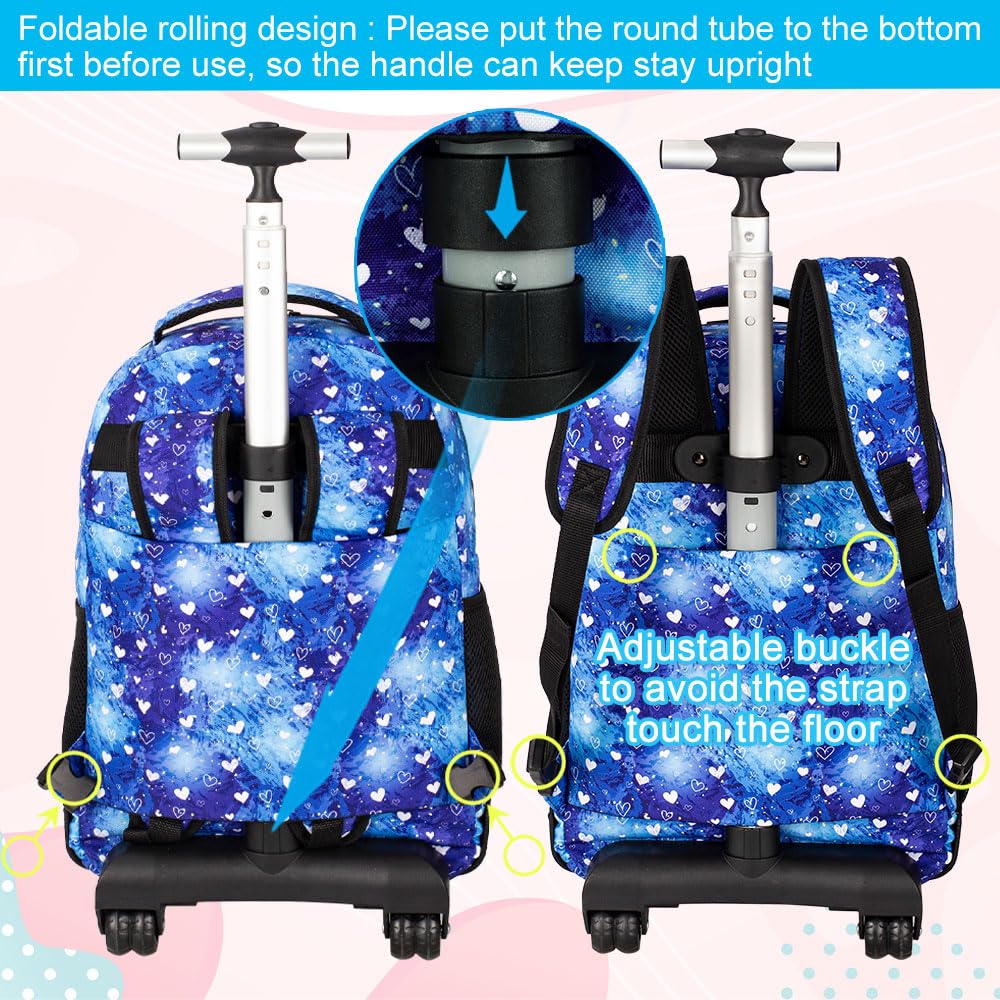 3Pcs Rolling Backpack for Girls & Women - 19 Inch Wheeled Bookbag with Lunch Box & Wheels - Perfect for School, Travel & Work (Blue)