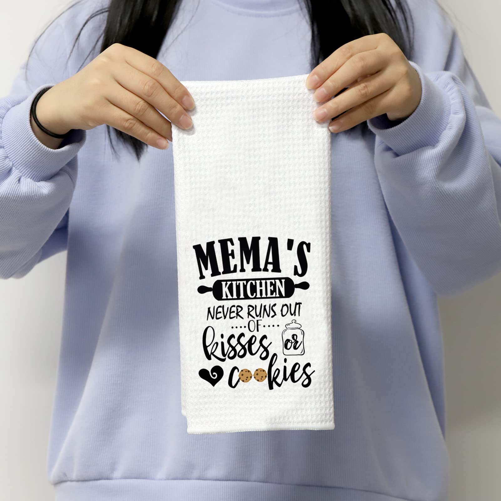 POFULL Mema Gift Dish Towel - Funny Grandma & Mother's Day Kitchen Decor - 'Mema's Kitchen Never Runs Out of Kisses & Cookies' - Perfect for Gifts, Home Decor & Farmhouse Style Kitchens