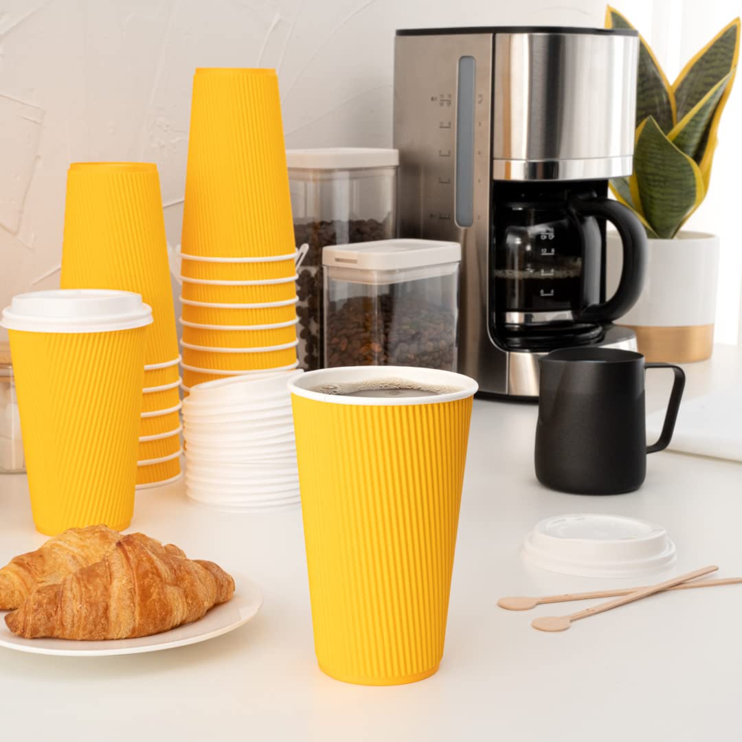 16oz Insulated Coffee Cups with Lids - 200 Pack Leakproof Disposable Hot Drink Cups for Tea, Hot Chocolate & Lattes | Durable Ripple Wall Design, Non-Slip Yellow Paper Cups for Restaurants, Cafes & Office Break Rooms