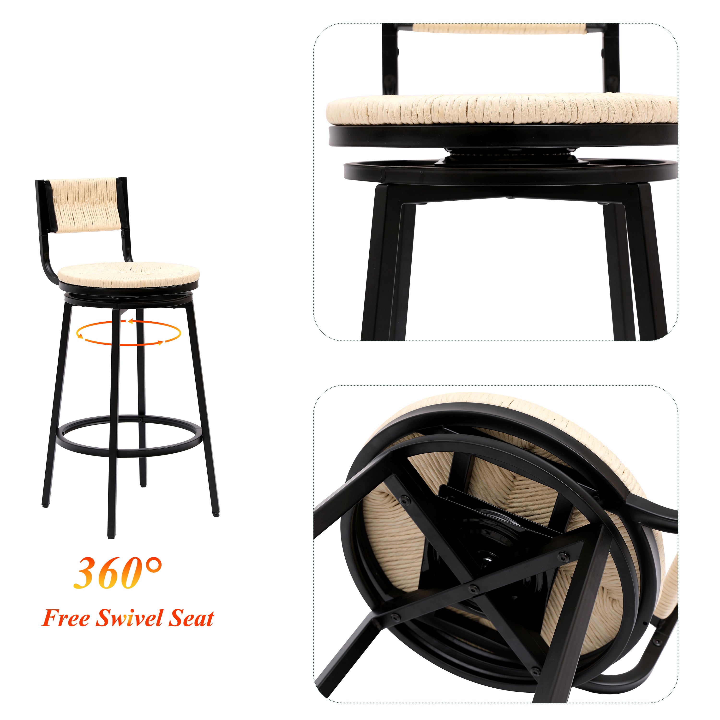 Swivel Bar Stools Set of 2 - Creamy White Counter Height Chairs with Hand Woven Paper Rope Seat & Sturdy Metal Frame - Perfect for Kitchen Island, Breakfast Bar, or Dining Counter - Modern Farmhouse Style Barstools