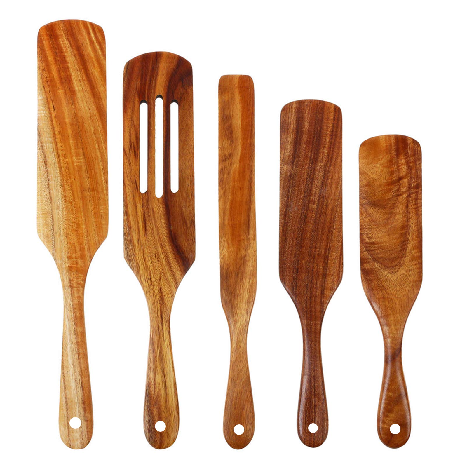 RONRONS 5-Piece Natural Teak Wooden Cooking Utensil Set - Slotted Spurtle, Spatula with Hanging Hole - Non-Stick Safe Kitchen Tools for Baking, BBQ, Dessert & Pastry - Perfect for Home Chefs & Outdoor Cooking