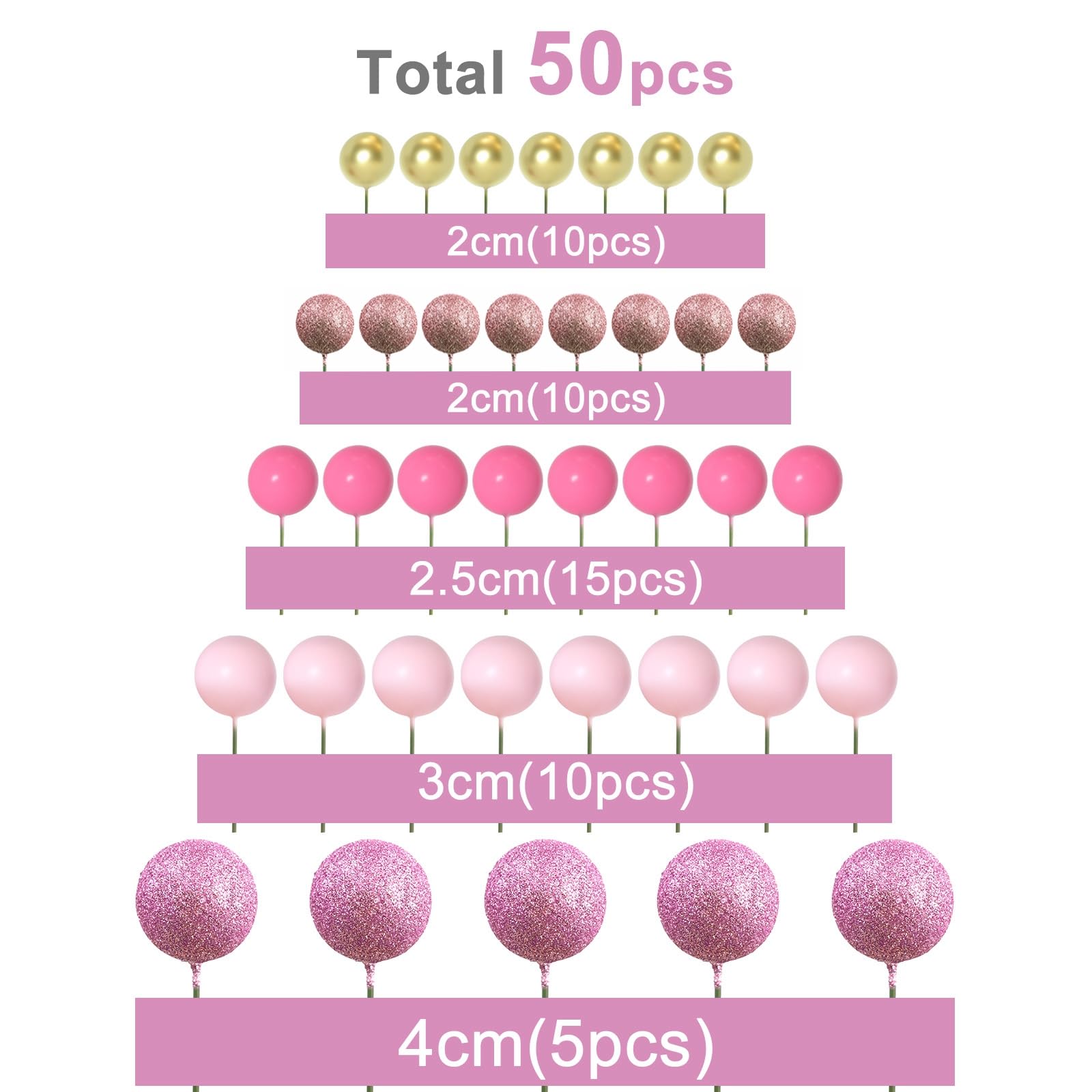 ASTARON 50 Pcs Pink Ball Cake Toppers - Mini Balloon Sticks for Cake Decorating, Foam Ball Cake Decorations - Perfect for Baby Shower, Birthday Party, Wedding Cake Toppers & Dessert Table Decor