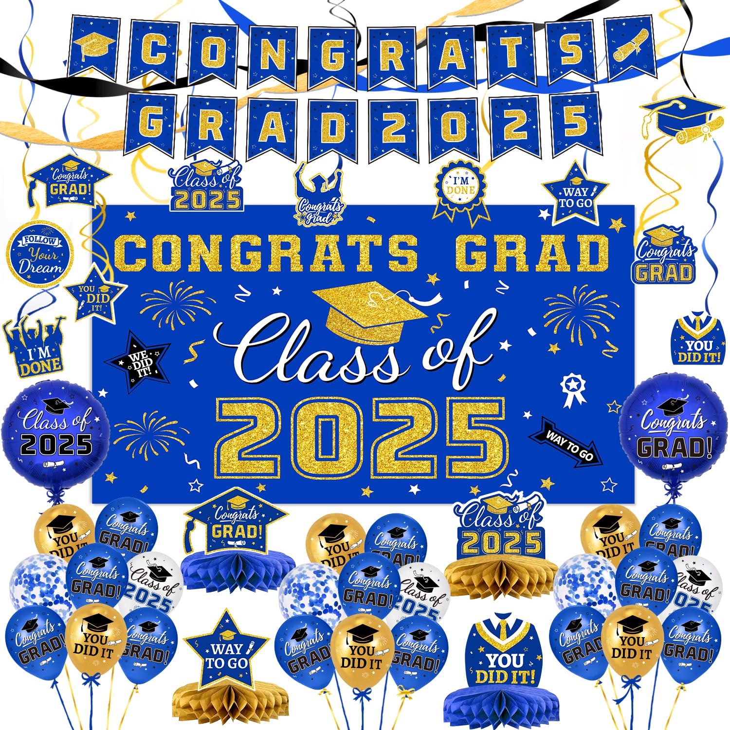 2025 Graduation Decorations Set - Blue & Gold Congrats Grad Banner, Backdrop, Hanging Swirls, Balloons & Honeycomb Centerpieces for Graduation Party | Perfect for High School & College Graduation Celebrations, Photo Backdrops & Party Decor