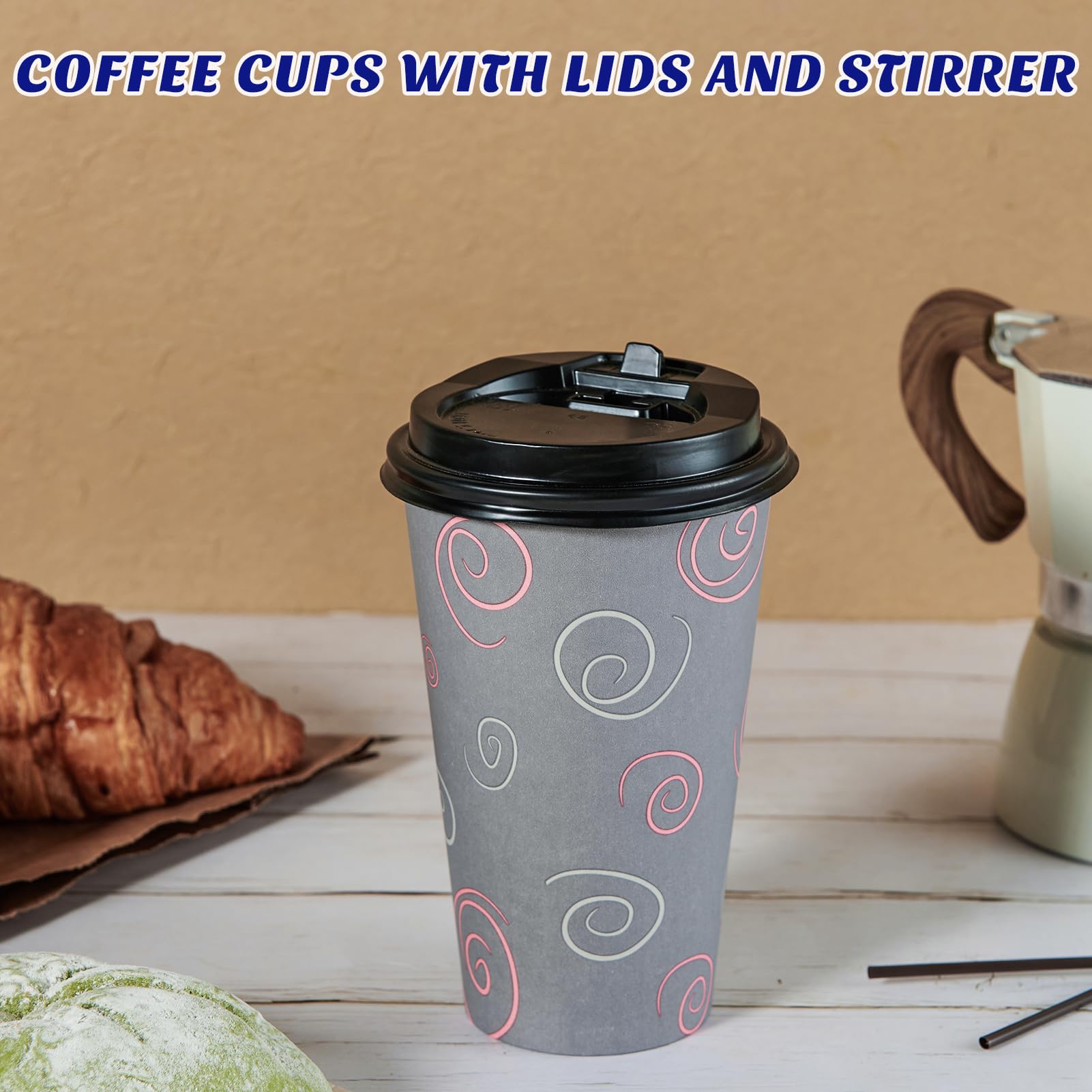 100 Pack 16 oz Disposable Paper Coffee Cups with Lids & Straws - Bulk Hot/Cold Drink Cups for Water, Tea, Coffee - Perfect for Home, Office, Cafes, Restaurants & Parties