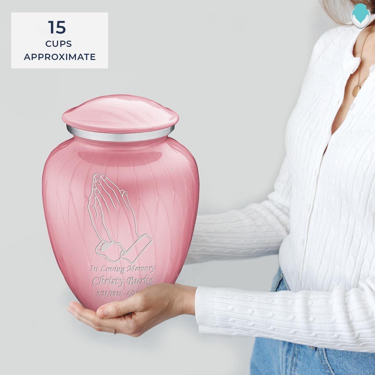 Personalized Praying Hands Cremation Urn for Adults - Large Pearl Light Pink Funeral Urn for Ashes (Holds 200 lbs) | Memorial Keepsake for Loved Ones | Perfect for Home Display, Funeral Services & Memorial Ceremonies