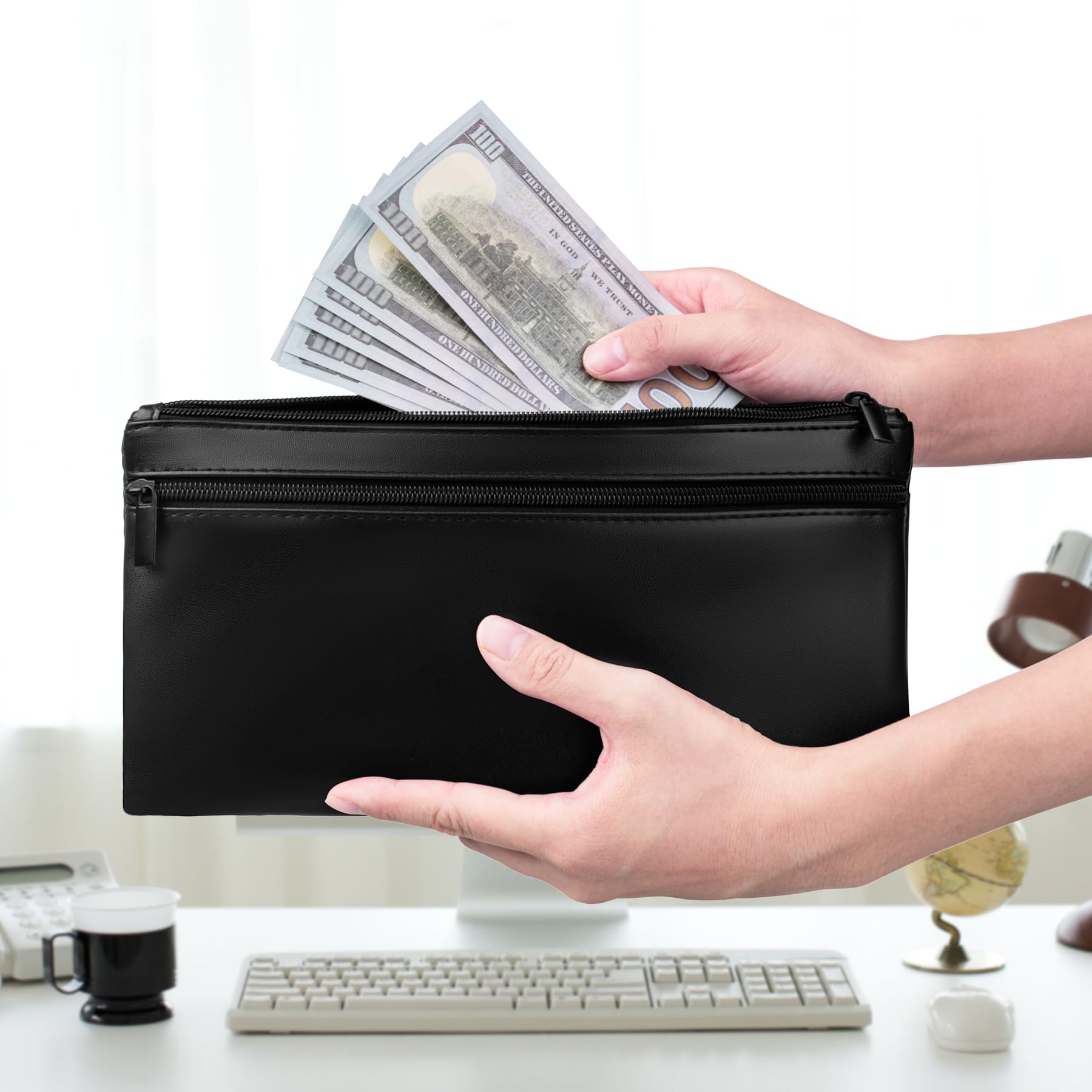 HAUTOCO Premium PU Leather Money Bag with Zipper - 11x6.1 Inch Waterproof Cash Pouch, 2-Pocket Bank Deposit Bag for Bills, Checks, Receipts & Coins - Perfect for Travel, Business & Daily Money Storage
