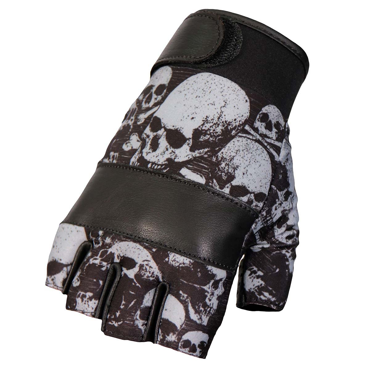 Hot Leathers GVM3009 Unisex Black 'Ancient Skulls' Fingerless Motorcycle Gloves - Large Size for Men & Women - Perfect for Biking, Riding, and Outdoor Adventures