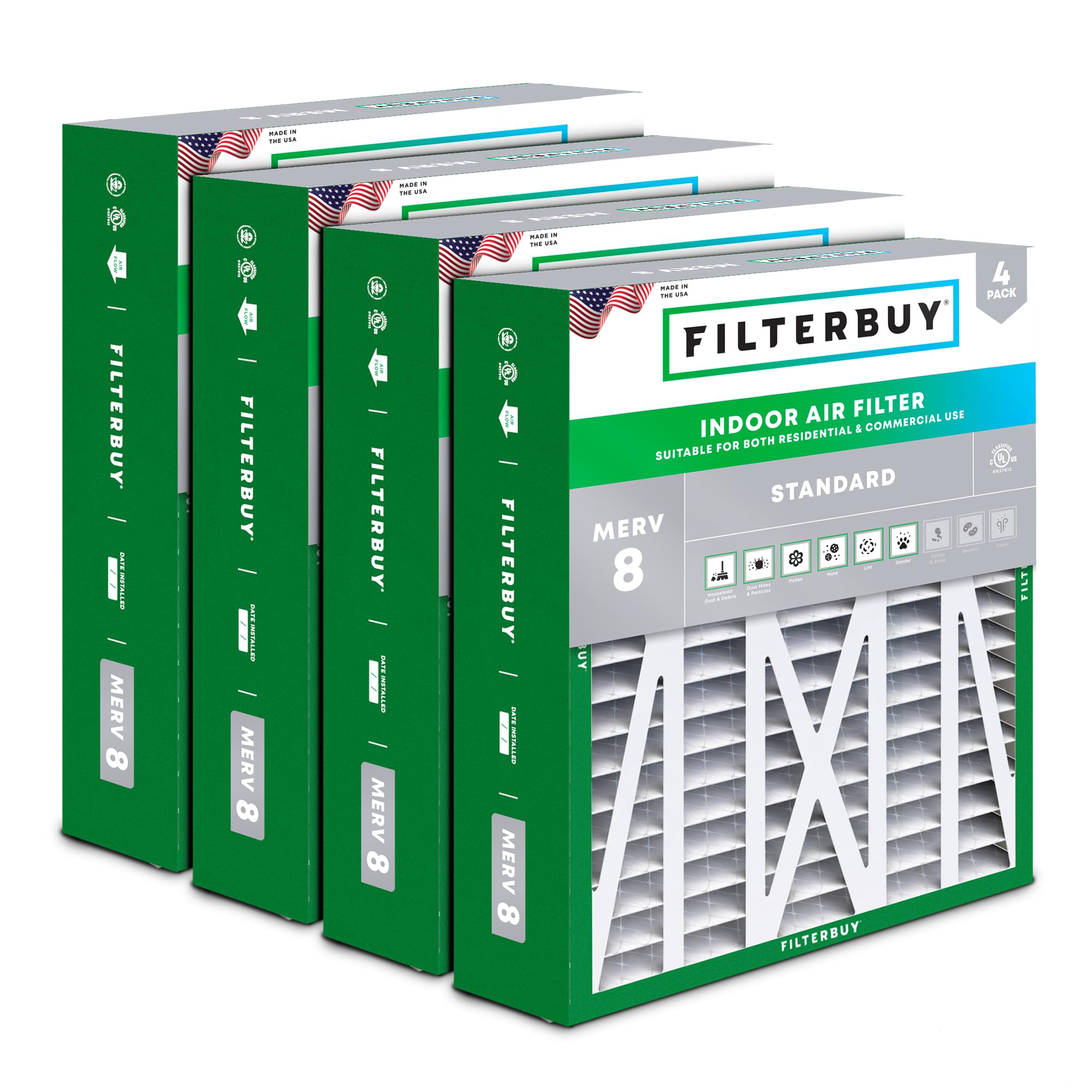 Filterbuy 17.5x21x5 MERV 8 Pleated Air Filter (4-Pack) - Replacement HVAC Furnace Filters for Rheem, Ruud & Protech - Actual Size 17.13x20.63x4.38 Inches - Dust Defense for Home, Office & Commercial Use