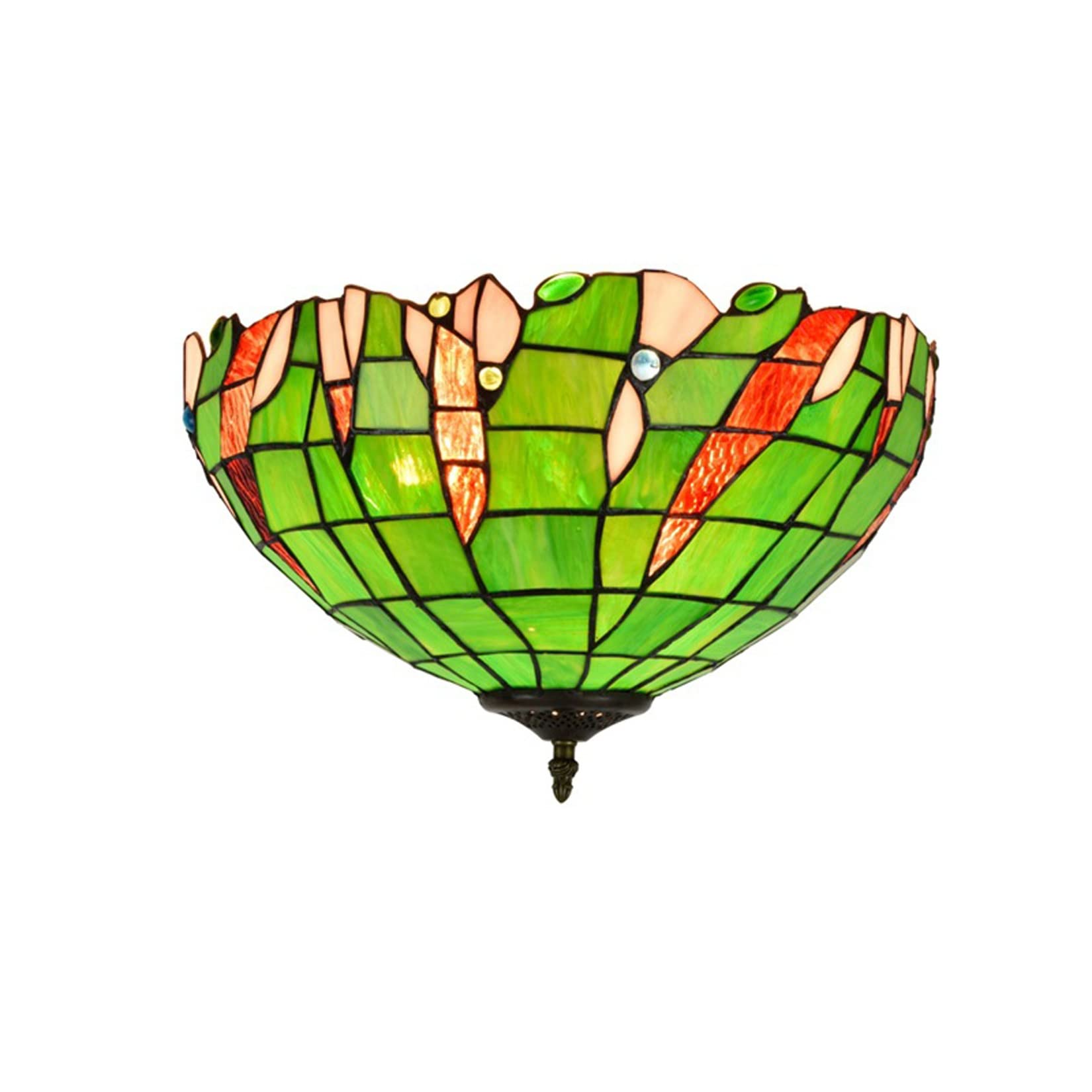 Vintage Tiffany Style Ceiling Light Fixture - 16 Inch European Mediterranean Green Stained Glass Semi-Flush Mount Lamp with 3 Lights - Perfect for Bedroom, Living Room & Dining Room Décor - Creates Warm Ambiance for Relaxation & Entertaining