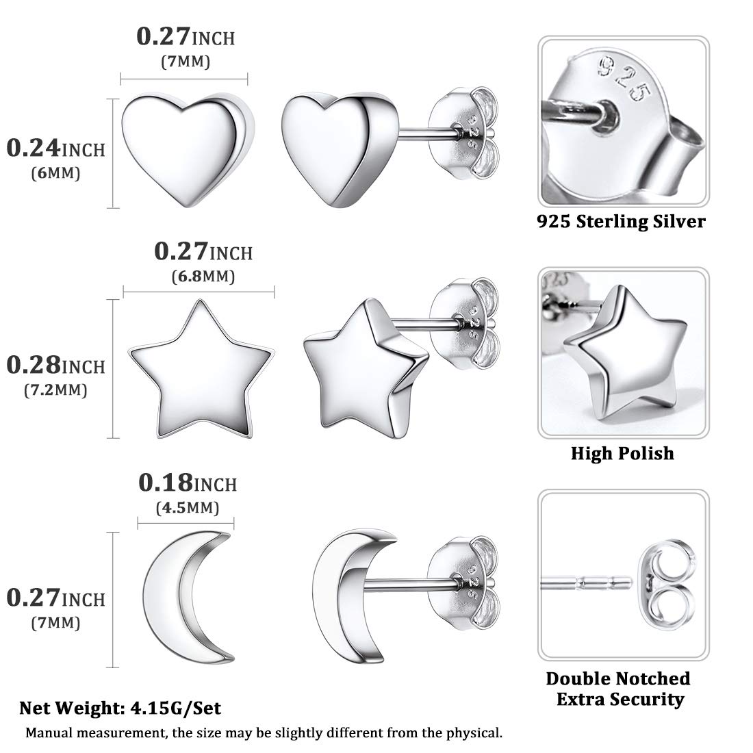 ChicSilver 925 Sterling Silver Stud Earrings for Women - Heart, Moon & Star Dainty Tiny Earring Studs Set | Hypoallergenic Jewelry for Sensitive Ears | Perfect for Everyday Wear, Gift Giving & Special Occasions (3 Pairs)