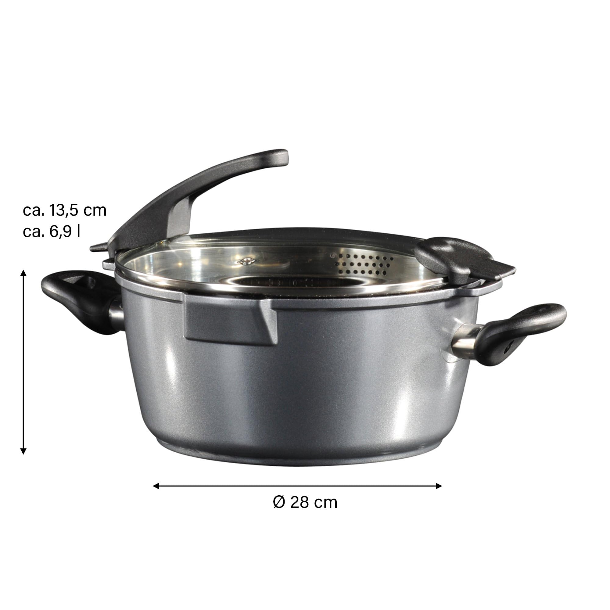 28cm Future Induction-Compatible Cooking Pot with Glass Sieve Lid - Perfect for Boiling, Steaming & Healthy Cooking on Induction Stovetops