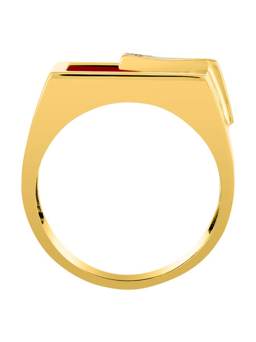 14K Yellow Gold Designer Ring for Men with Centered Diamond & Red Quartz - Sizes 8-13 | Luxury Mens Jewelry for Weddings, Anniversaries & Special Occasions