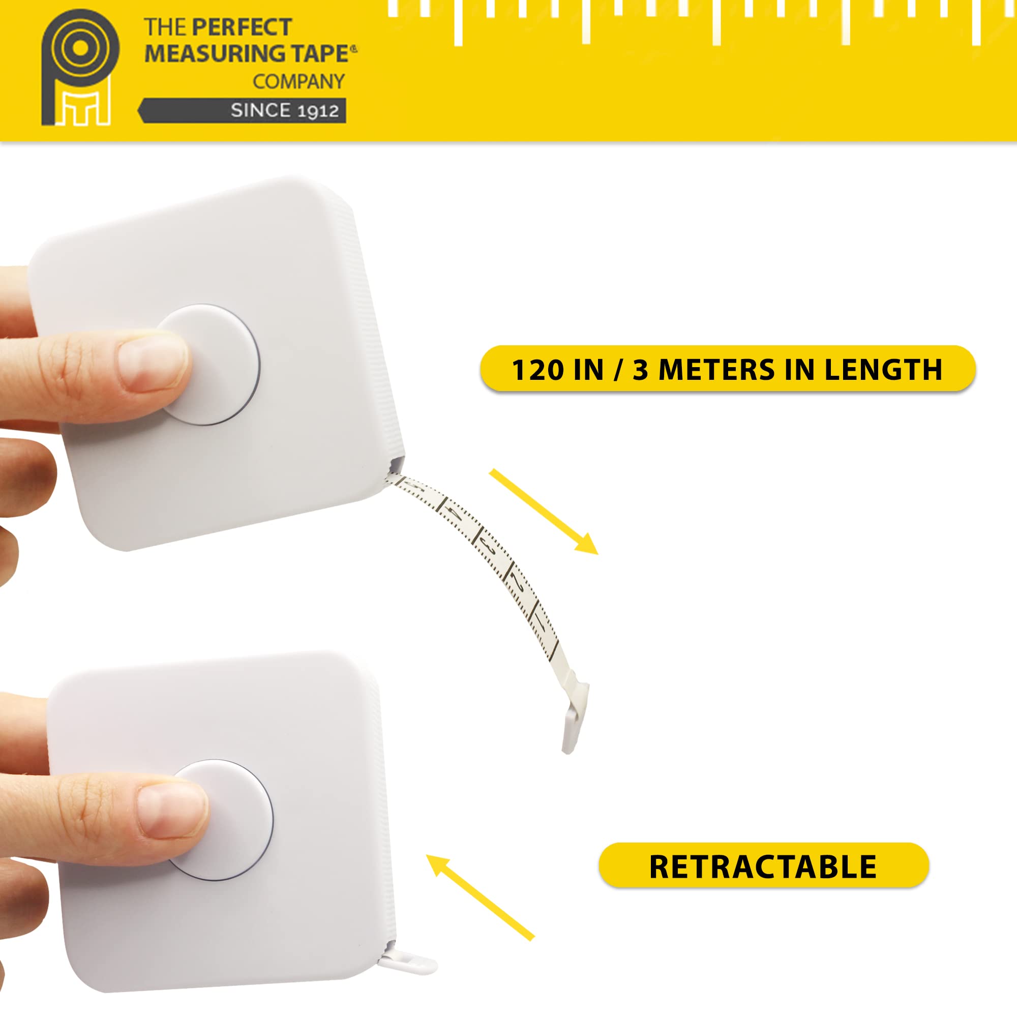 Premium 120-Inch Extra Long Retractable Measuring Tape - Dual-Sided Inches & Metric (3m) for Tailoring, Sewing & DIY Projects - Flexible SR18 White Model - Perfect for Dressmaking, Crafting & Home Improvement