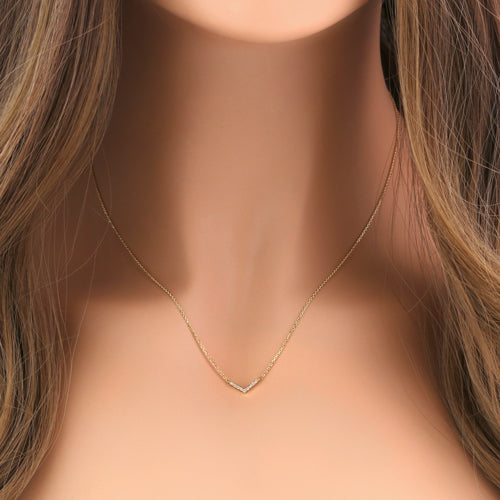 14K Solid Yellow Gold V-Shaped Cubic Zirconia Necklace - Elegant & Durable Jewelry for Women, Perfect for Weddings, Parties & Everyday Wear