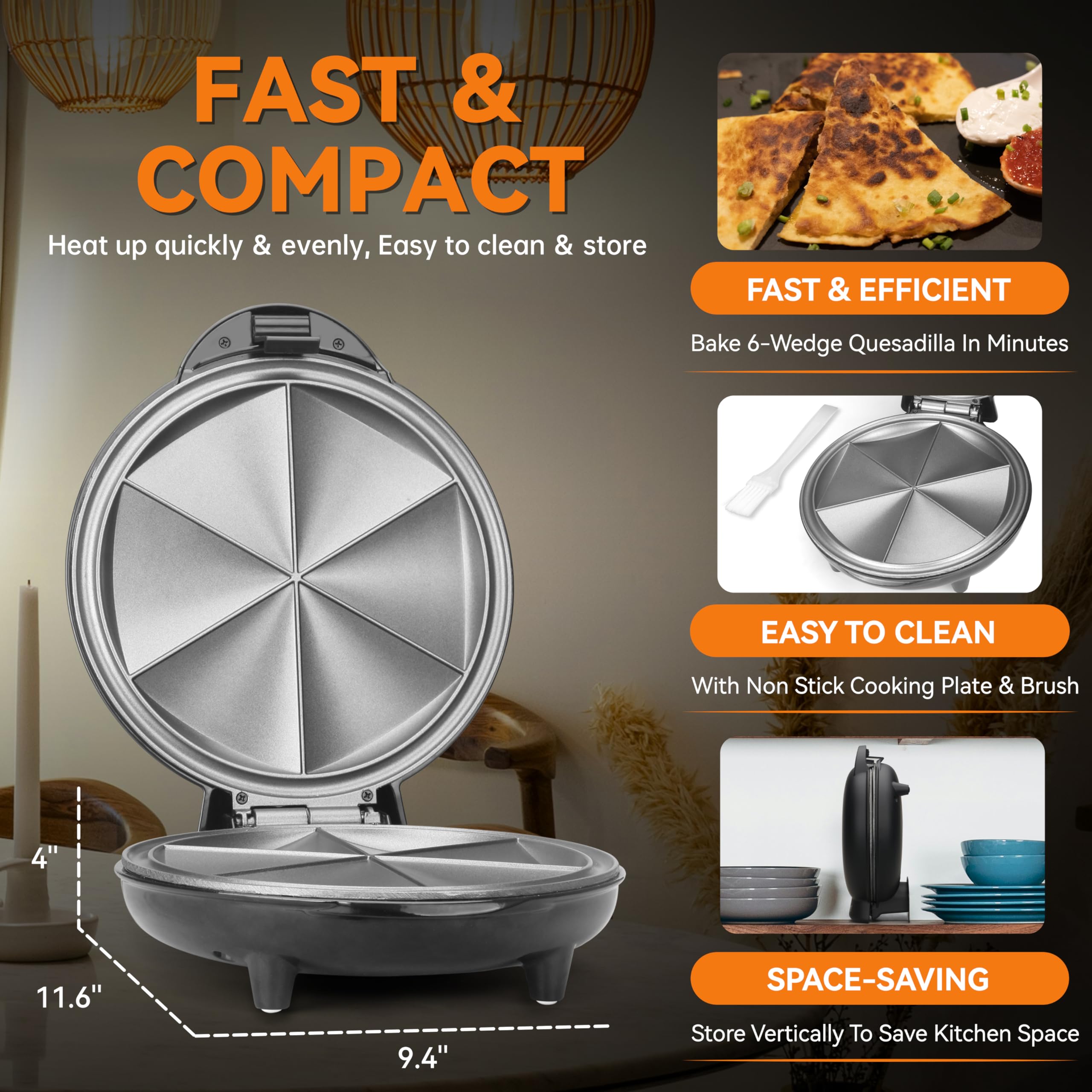 Baker's Friend Electric Quesadilla Maker - 9.5 Inch Non-Stick Surface with Extra Stuffing Design, 6-Wedge Easy Slice, Non-Slip Feet - Perfect for Grilled Cheese, Quesadillas & Quick Snacks at Home or Parties