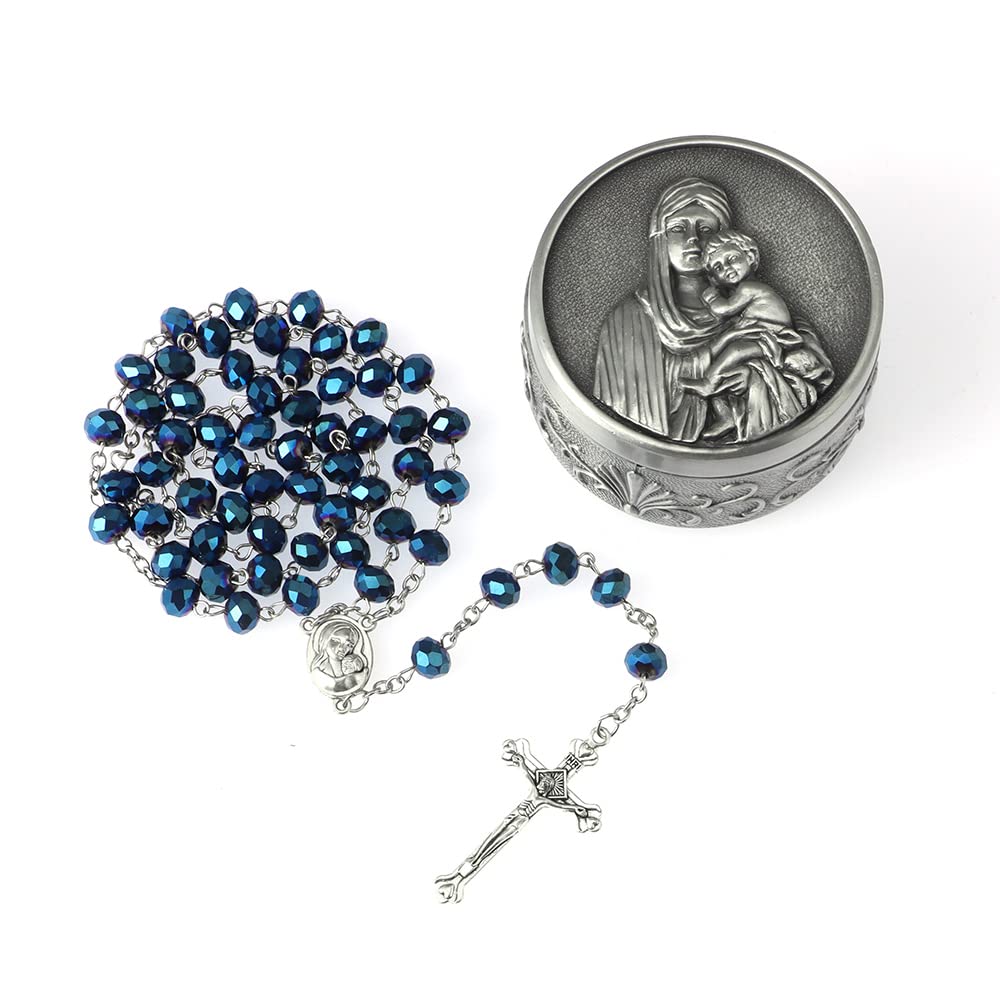 Blue Crystal Rosary Beads Necklace for Women - Catholic Prayer Beads with Vintage Last Supper Jewelry Box - Christian Gifts for Baptism, First Communion & Daily Devotion
