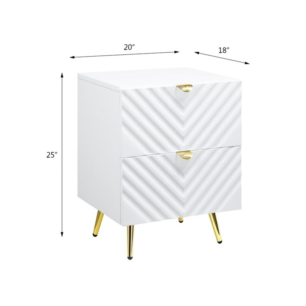 ACME White High Gloss Nightstand with 2 Drawers - Modern Bedside Table for Bedroom, Living Room & Guest Room Storage