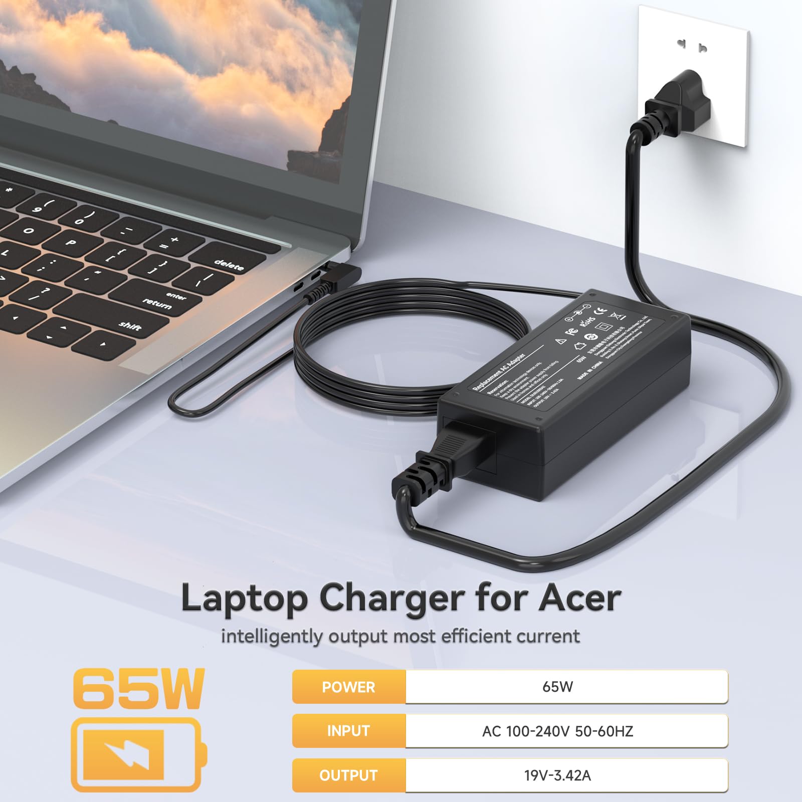 65W AC Adapter for Acer Chromebook 15 14 13 11 R11 N15Q8 N15Q9 N15Q10 CB3 CB5 C720 C720p C738T C731 C740 & Acer Aspire 5 3 1 Swift Spin 1 3 5 - Replacement Laptop Charger Power Cord - Perfect for Home Office Travel Use