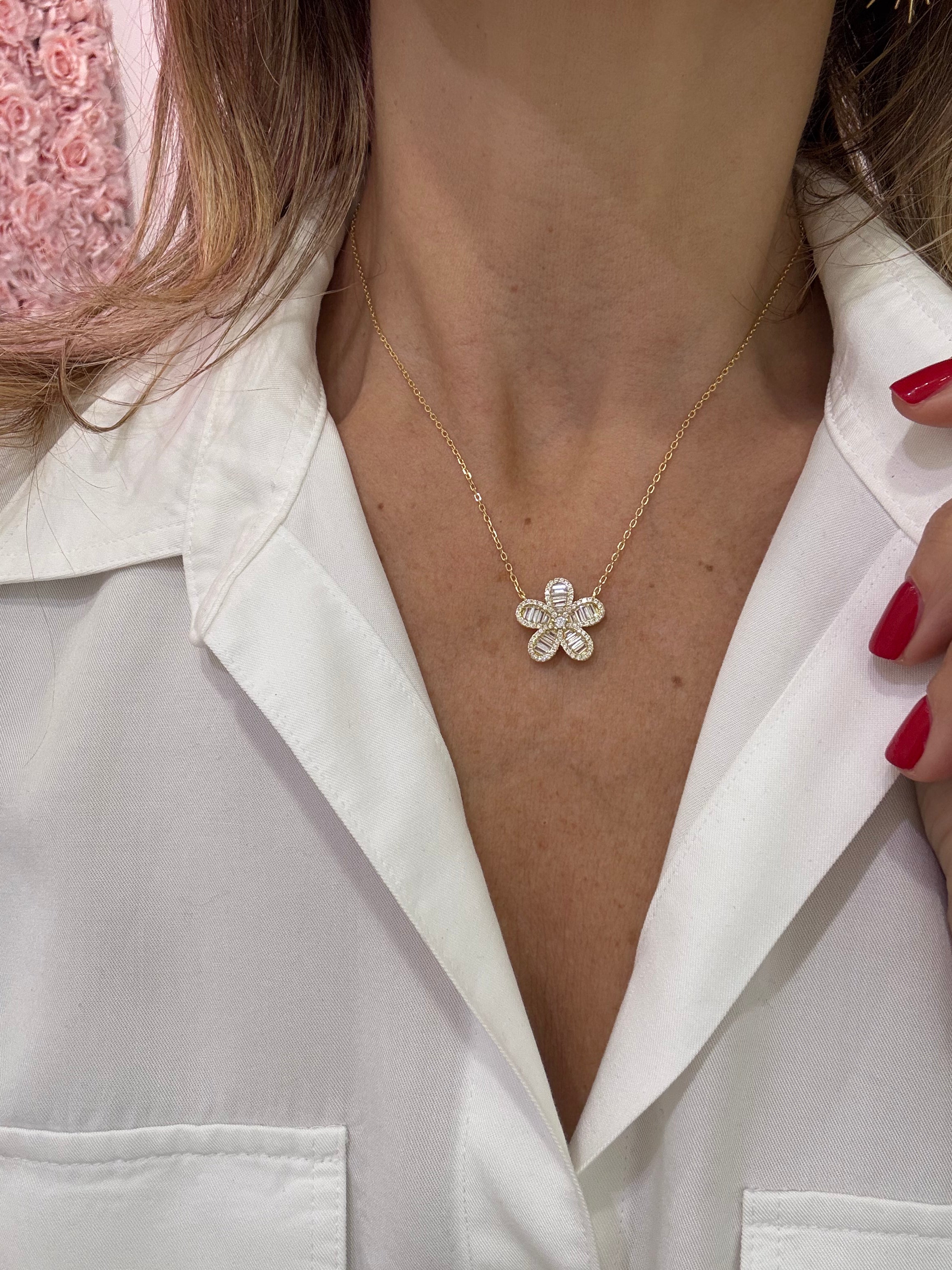 Elegant Baguette Flower Necklace for Women - Dainty Floral Pendant Jewelry Gift for Her - Perfect for Weddings, Date Nights & Special Occasions
