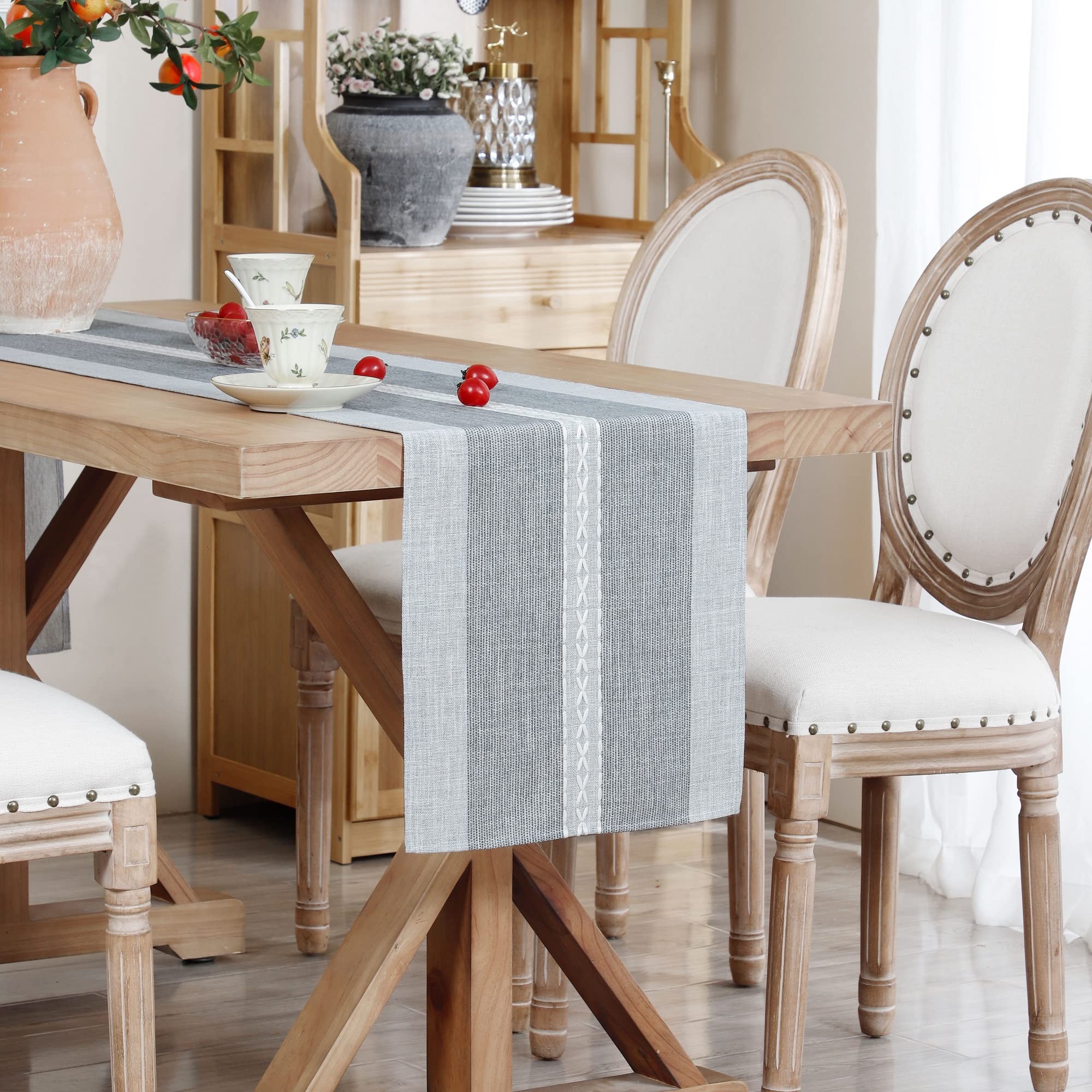 Farmhouse Braided Striped Table Runner - Rustic Embroidery Coffee Table Decor for Weddings, Holidays & Home (Grey, 13x60 Inch) - Perfect for Dining Tables, Centerpieces & Seasonal Decorations