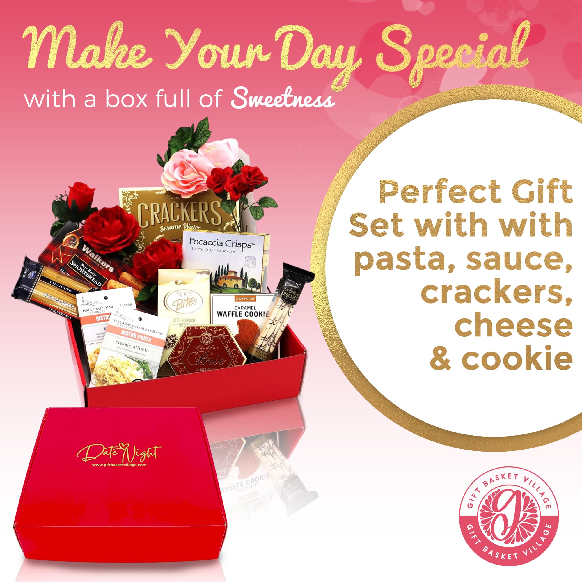 Gourmet Date Night Gift Basket - Premium Pasta, Cheese, Crackers, Cookies & Almond Roca | Valentine's Day & Anniversary Gift Box | Handcrafted with Care | Perfect for Romantic Dinners & Couples Getaways