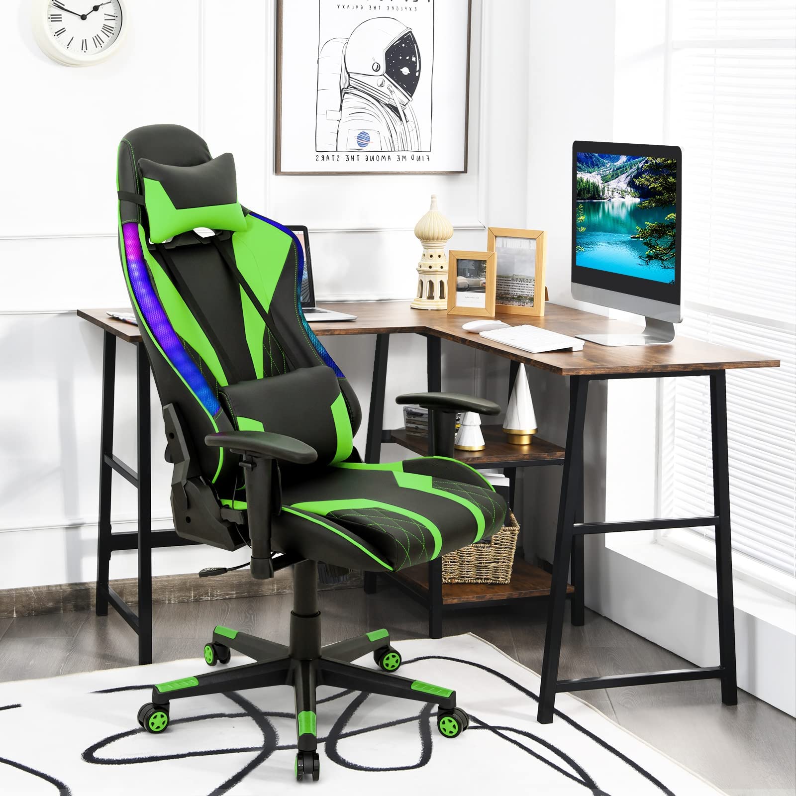 Giantex RGB LED Gaming Chair - Ergonomic High Back PVC Leather E-Sport Computer Chair with Adjustable Headrest & Lumbar Support (Green) - Perfect for PC Gaming, Streaming, and Office Work