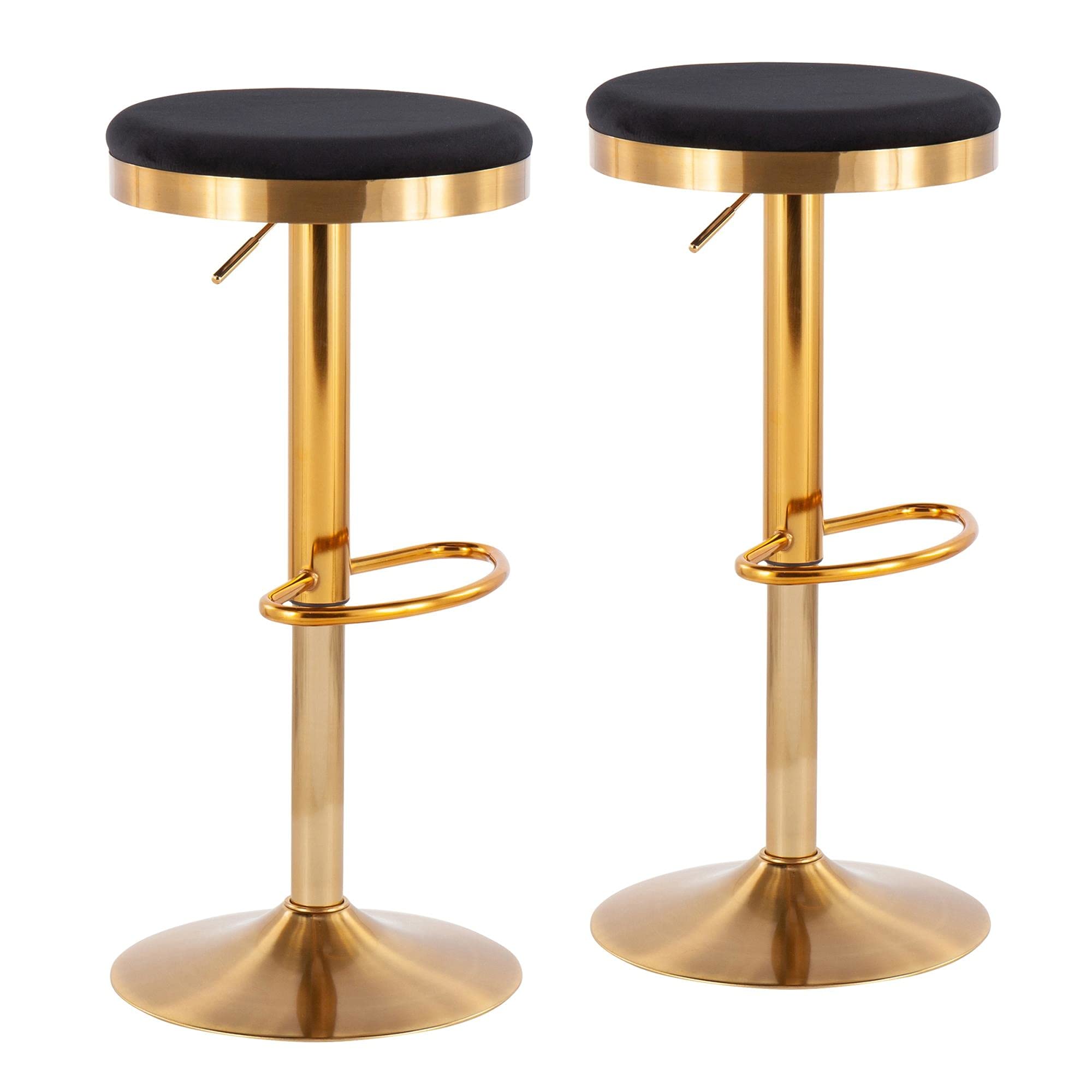 LumiSource Dakota Adjustable Swivel Bar Stool Set of 2 - Gold Upholstered Bar Height Stools for Kitchen Island, Home Bar & Counter Seating - Comfortable Bar Chairs with Back Support