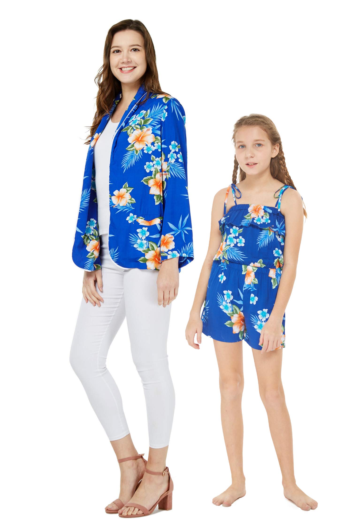 Hawaiian Luau Matching Outfits for Mother and Daughter - Floral Hibiscus Print Jacket & Jumpsuit Romper Set | Beach Party, Family Vacation, Summer Photoshoot