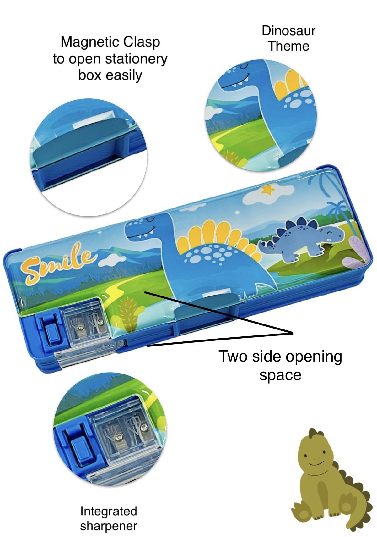 LE DELITE Dinosaur Pencil Box - Double Side Opening Magnetic Stationery Case with Cartoon Dinosaur Theme, Jurassic Park Jungle Design - School Supply Organizer for Kids, Boys & Girls (Includes Pencils, Pen & Eraser) - Perfect for Classroom, Homework & Back to School Supplies