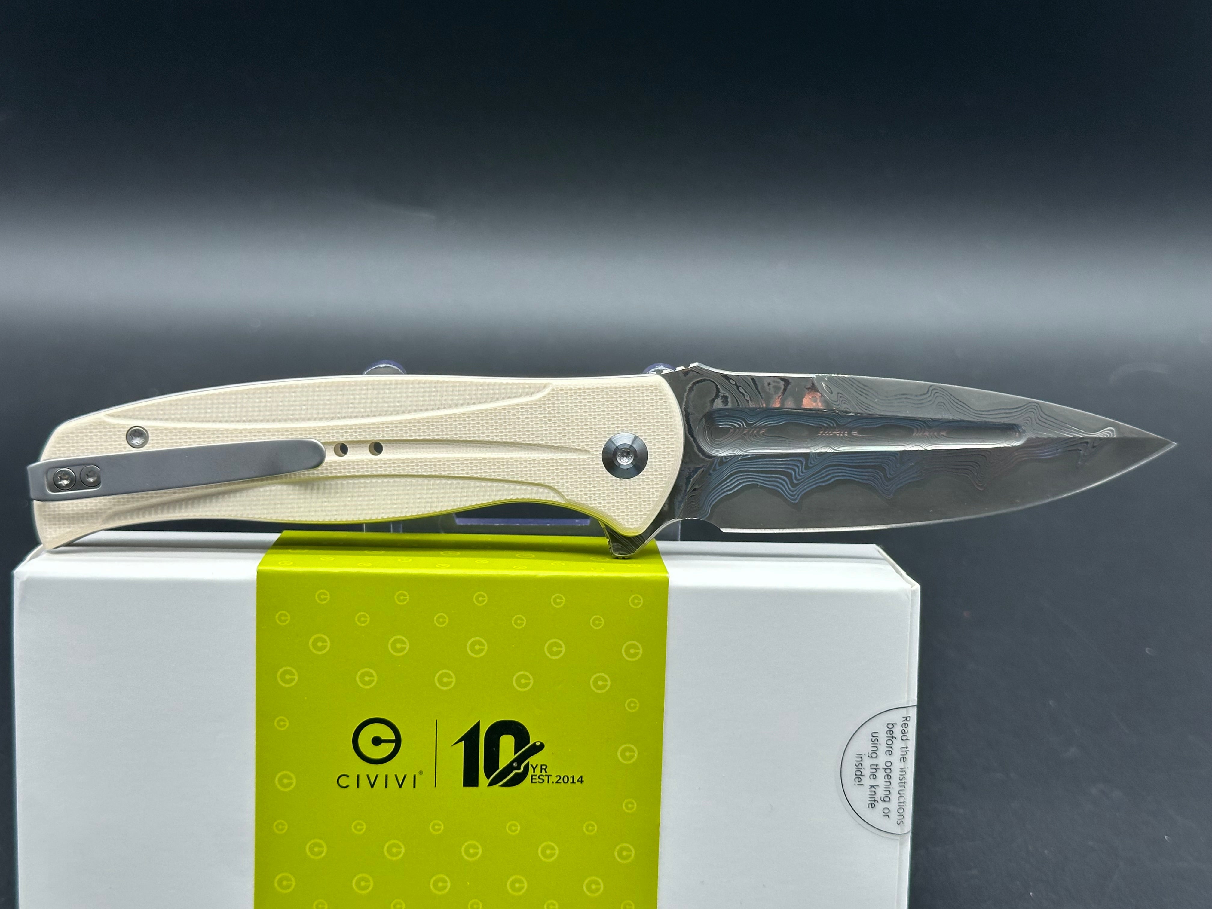 CIVIVI Incindie Button Lock Folding Knife - Off White G10 Handle, Damascus Steel Spear Point Plain Edge - EDC, Outdoor, Camping & Survival Tool