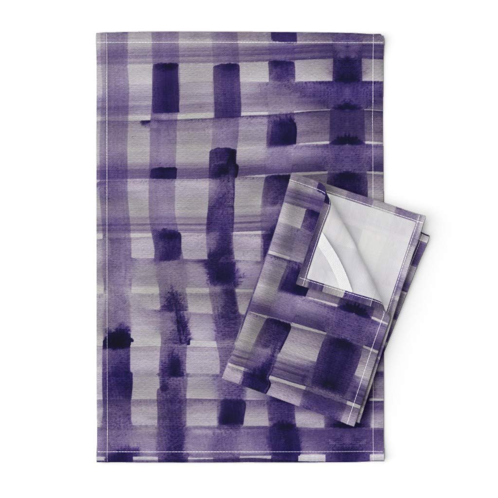 Spoonflower Printed Tea Towel - Linen Cotton Canvas with Berry Watercolor Check Purple Texture Mod Weaveberry Kitchen Plaid Print for Decorative Kitchen Towel, Dish Drying, and Countertop Styling