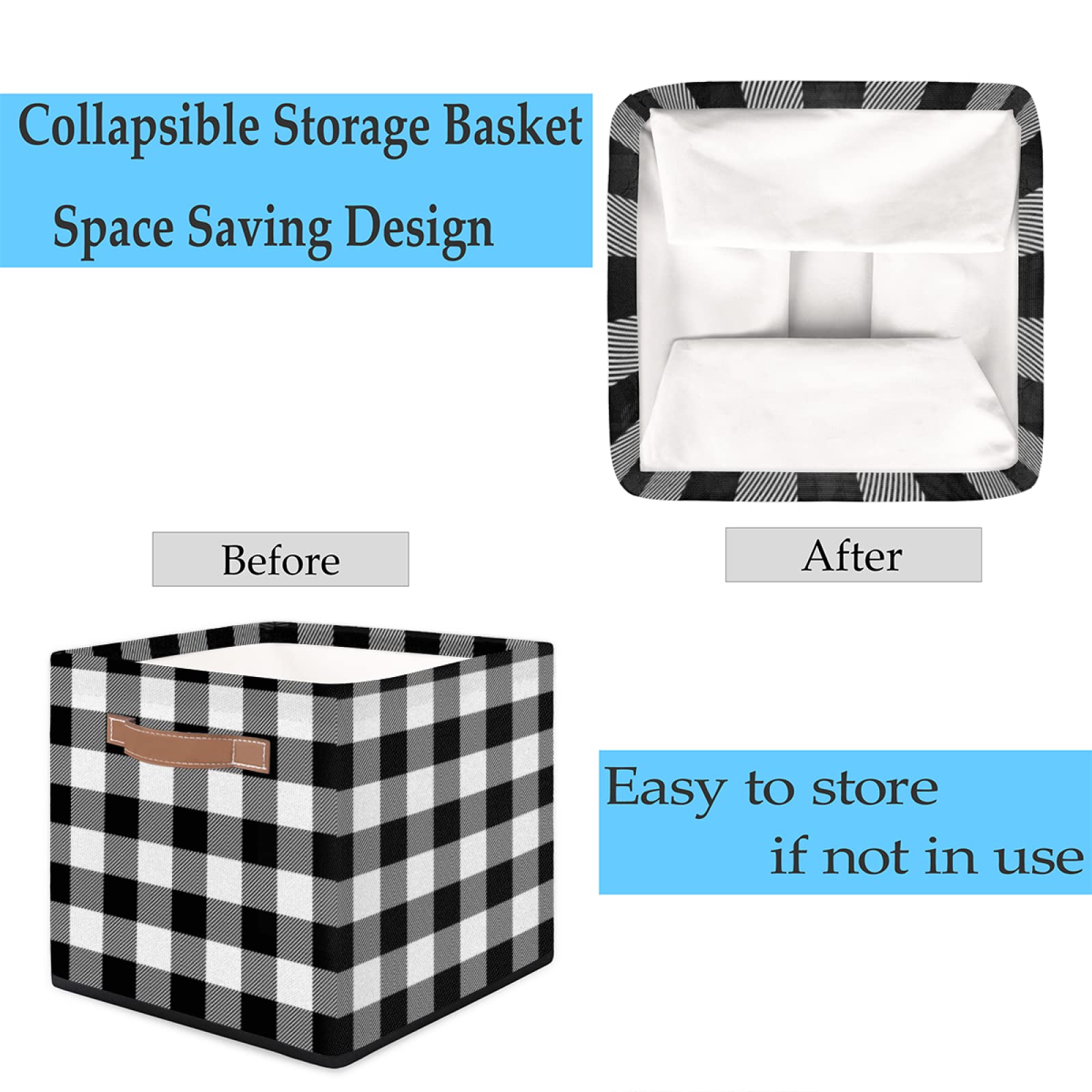AUUXVA 13x13 Inch Collapsible Storage Cube Bin - Classic Black White Plaid Fabric Basket with Handles for Home Organization | Perfect for Closet Shelves, Nursery Toys, Bedroom & Living Room Storage