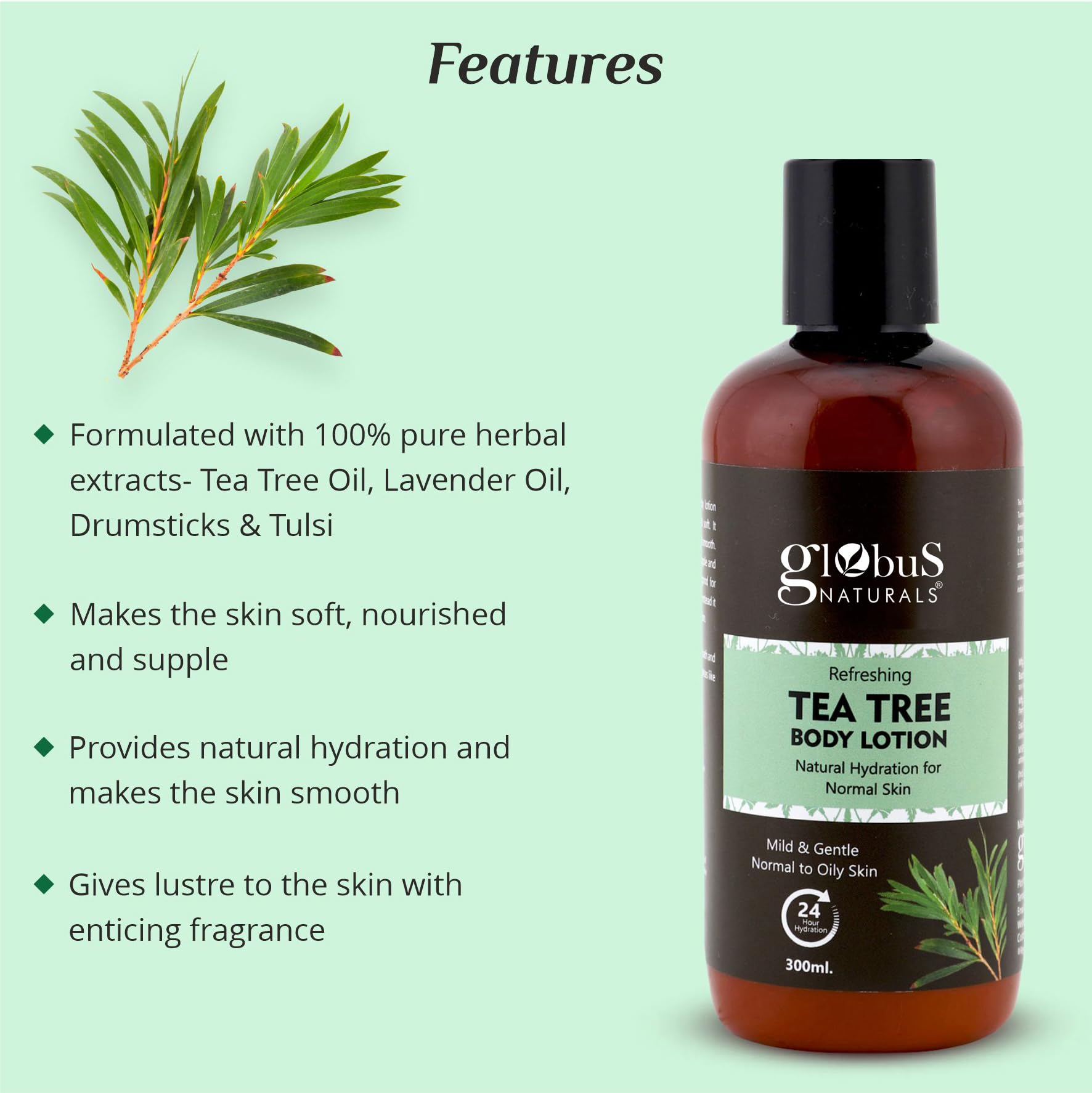 Globus Naturals Refreshing Tea Tree Body Lotion 300ml - Hydrating & Soothing Moisturizer for Dry Skin | Perfect for Daily Use, After Shower & Spa Treatments