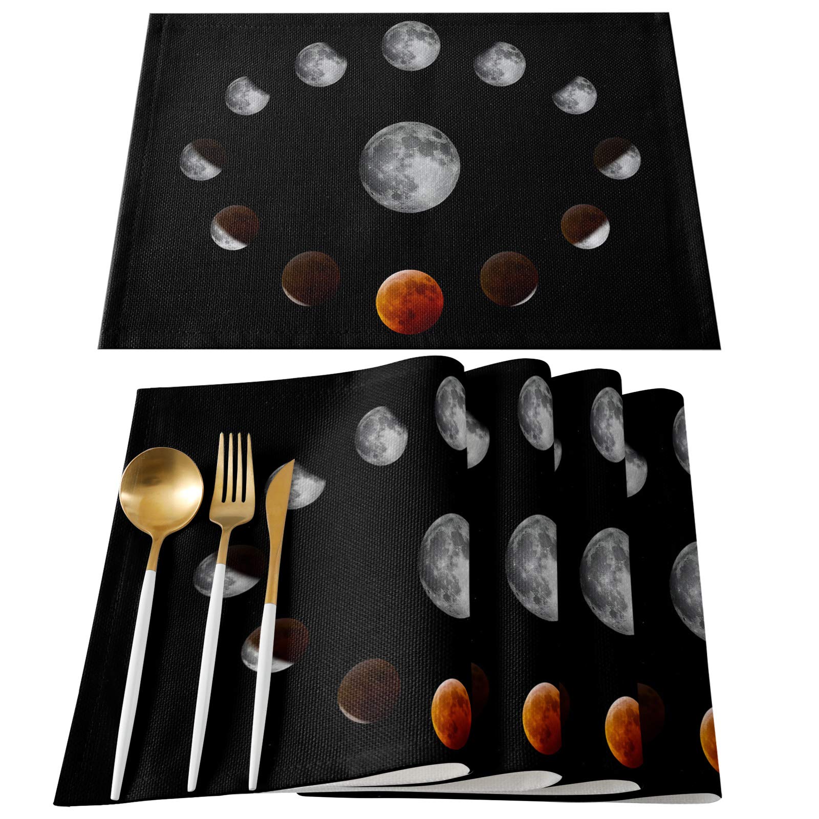 6-Piece Moon Phase Universe Placemats Set - Washable Burlap Table Mats for Dining Table, Kitchen & Party Decor | Night Black Design for Home Decor & Dinner Parties