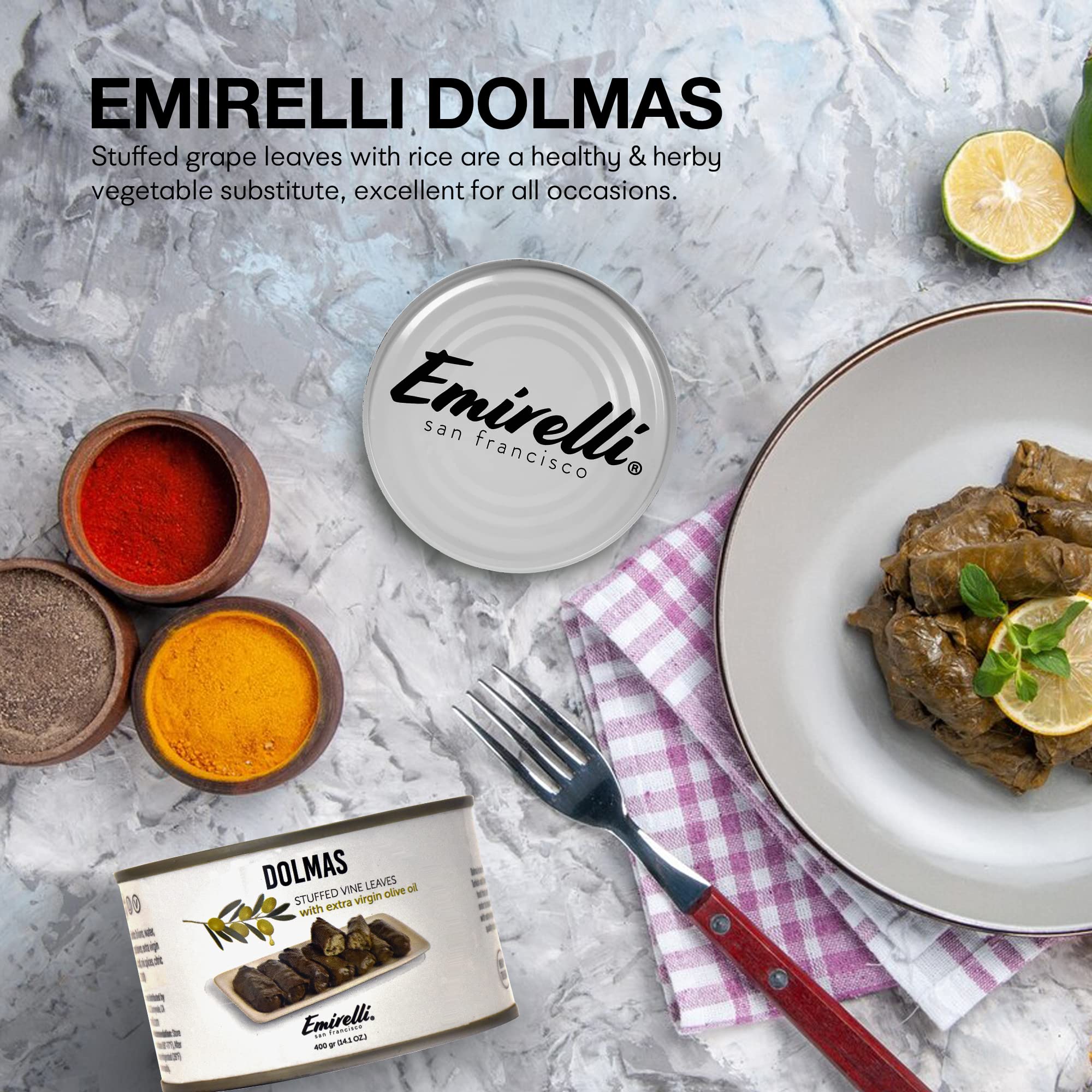 Emirelli Dolmas Stuffed Grape Leaves with Rice & Mediterranean Herbs in Extra Virgin Olive Oil – Ready-to-Eat Vegan Dolmades (14oz, Pack of 6) | Authentic Turkish Recipe | Perfect for Picnics, Parties & Mediterranean Diet Meals