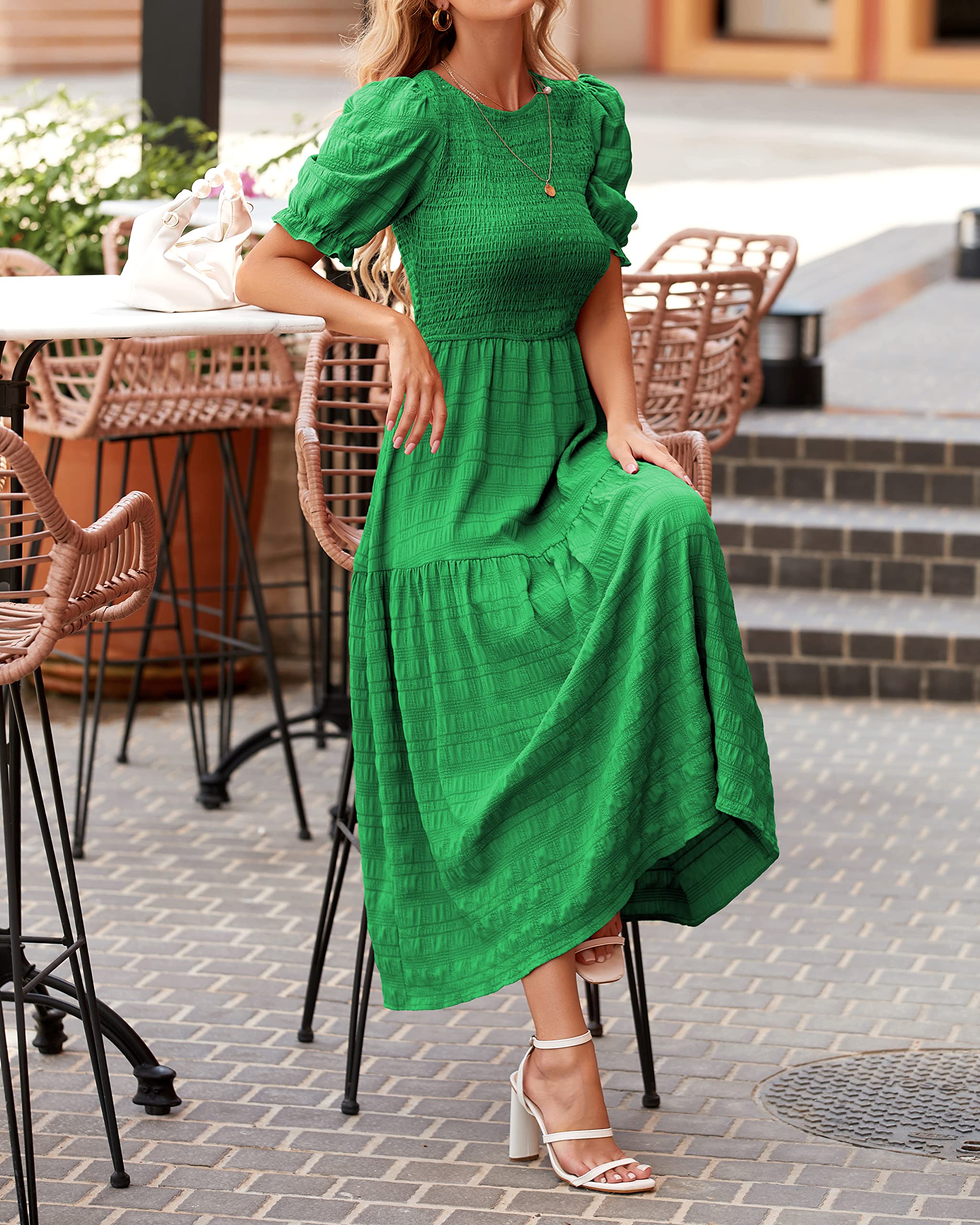 Dowerme Women's Summer Dresses 2025 - Casual Puff Short Sleeve Crewneck Smocked Flowy Ruffle Boho Maxi Sundress for Beach, Party & Vacation | Lightweight Comfortable Dress for Women