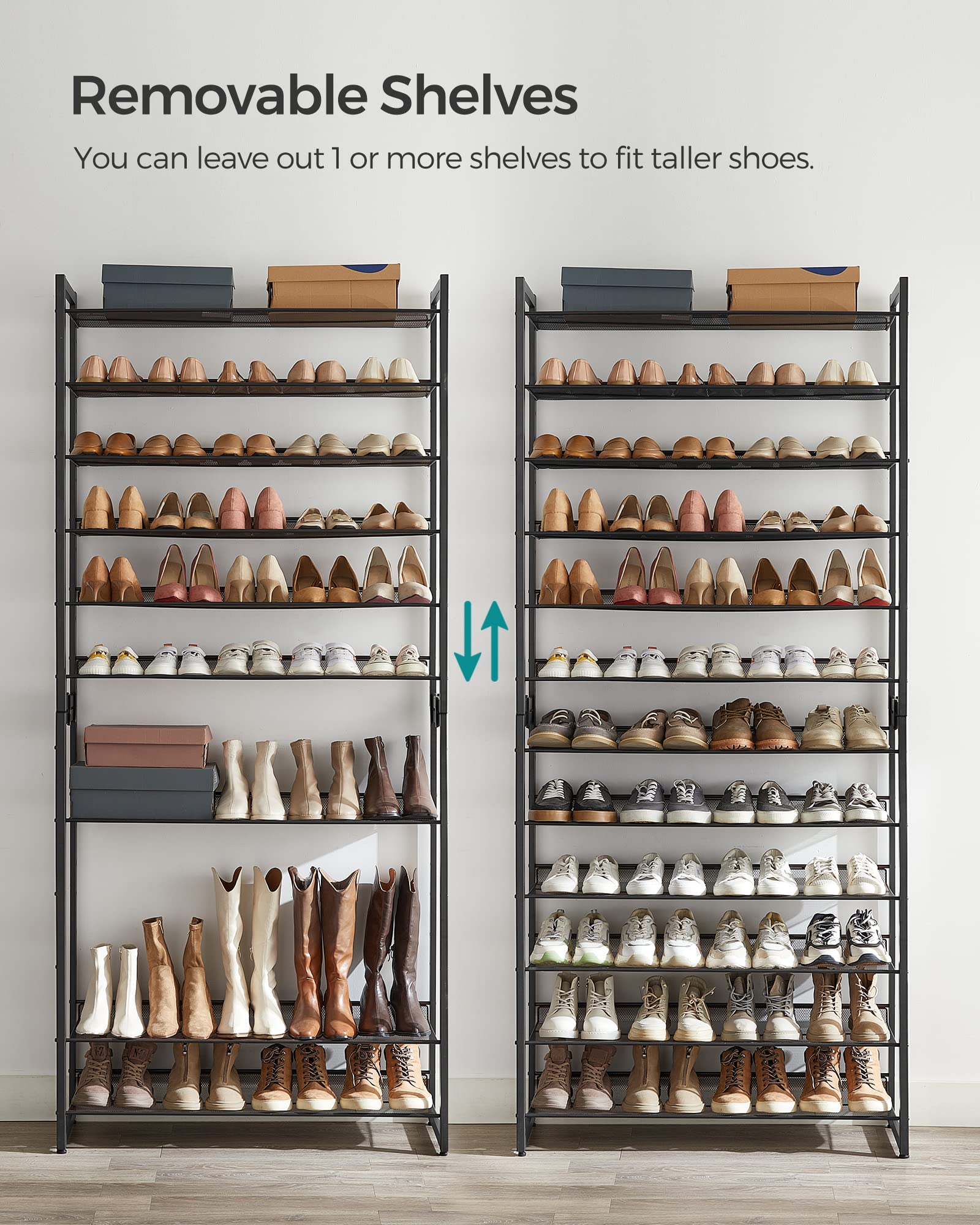 SONGMICS 12-Tier Metal Shoe Rack Organizer - Stackable Shoe Storage Shelf for Entryway, Garage & Closet - Adjustable Flat/Angled Shelves Holds 48-60 Pairs (Set of 2, Black ULMR12B) - Perfect for Small Spaces & Shoe Collection Organization