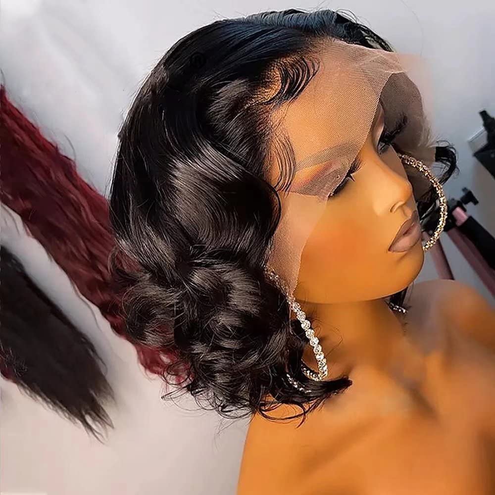 13x6 Deep Part Wave Bob Wig - HD Transparent Lace Front Human Hair Wig with Baby Hair | Short Wavy Brazilian Remy Hair for Black Women | Pre-Plucked, Bleached Knots, 150% Density (8 Inch) | Perfect for Daily Wear, Parties & Special Occasions