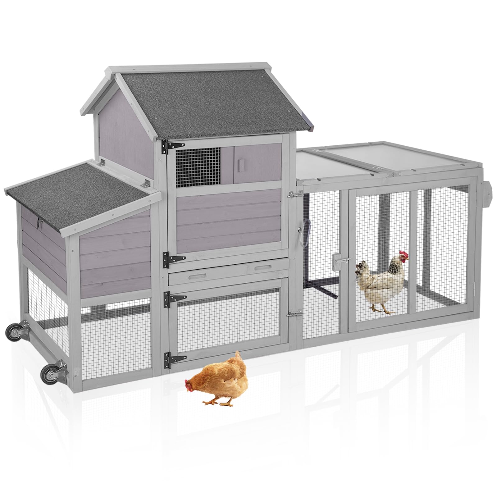 Aivituvin Large Chicken Coop for 2-3 Chickens - Mobile Poultry House with Wheels, 2 Nesting Boxes & Expandable Design - Outdoor Wooden Hen Duck Cage (77