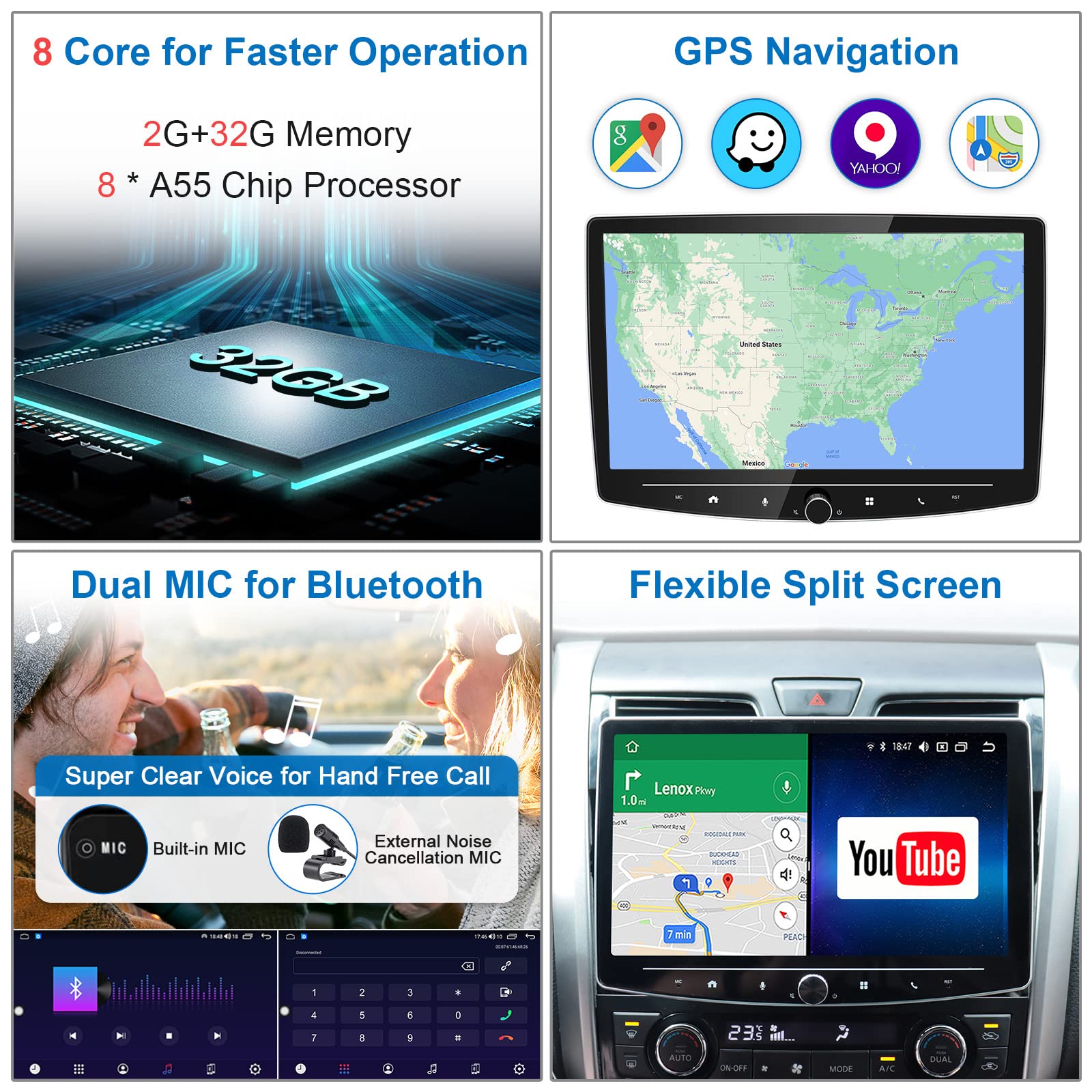 10 Inch Double Din Car Stereo with Wireless CarPlay & Android Auto - 8 Core 2+32G Touchscreen Android Car Radio, Live Rearview Camera, Detachable QLED Screen, Dual Bluetooth/WiFi/AM/FM/GPS, 5.1 Channel - Perfect for Road Trips, Commuting & Hands-Free Driving