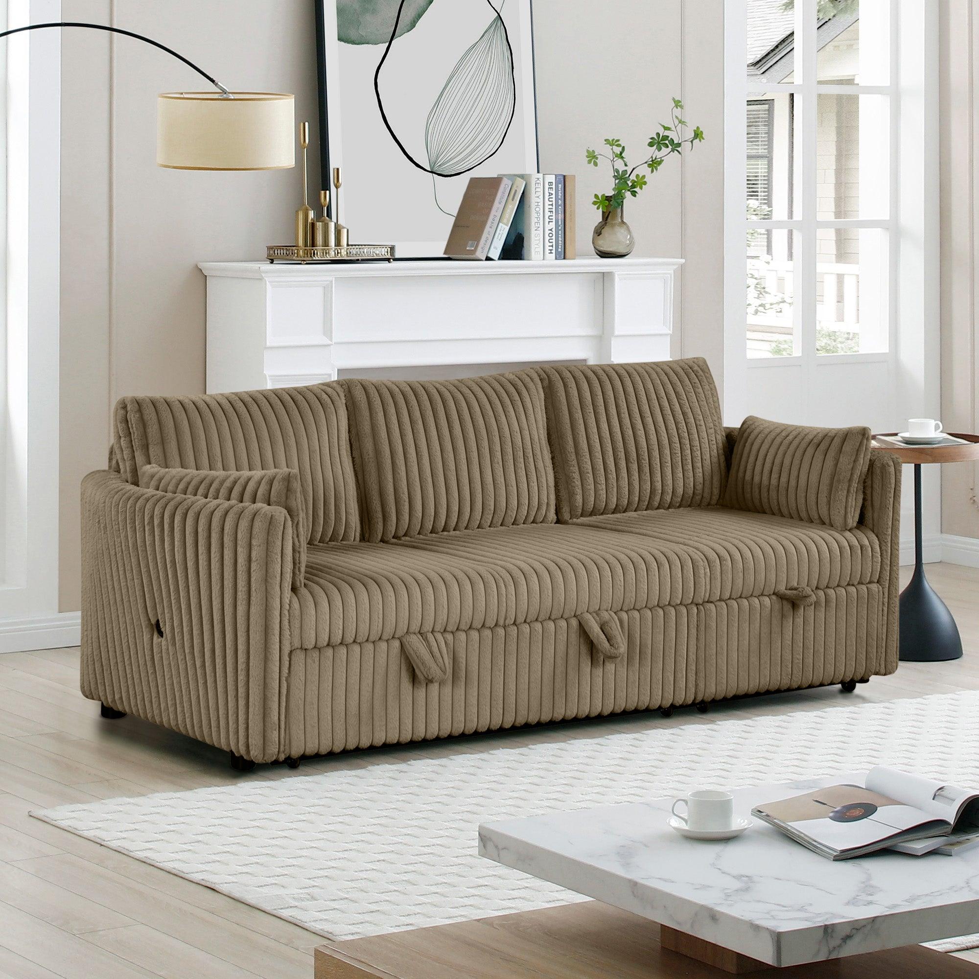 Luxury Brown Faux Fur Oversized Convertible Sectional Sofa - Sleeper Sofa, Daybed & Chair with 2 Pillows & USB Charging Ports - Perfect for Living Room, Home Theater & Guest Room Comfort