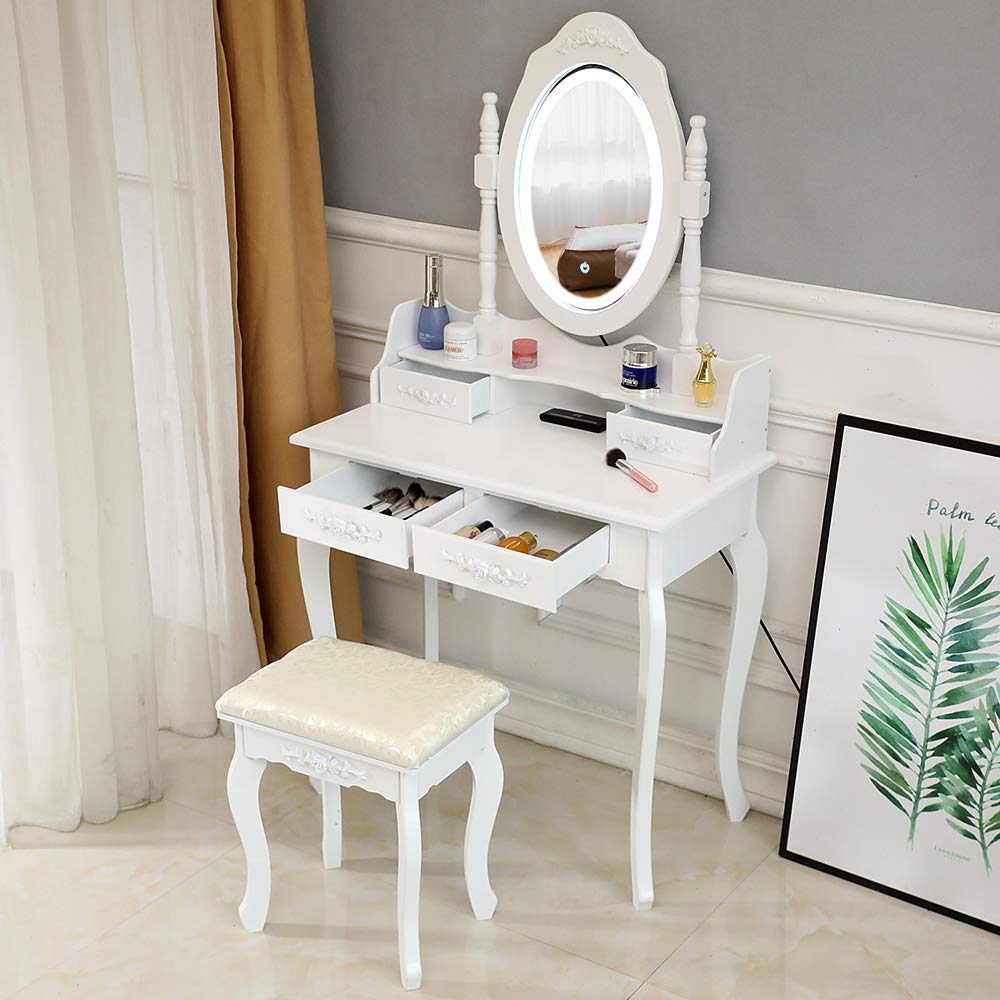 Stylish HOMEN Vanity Table Set with LED Mirror & 4 Drawers - Perfect for Bedroom Makeup Dressing & Beauty Organization