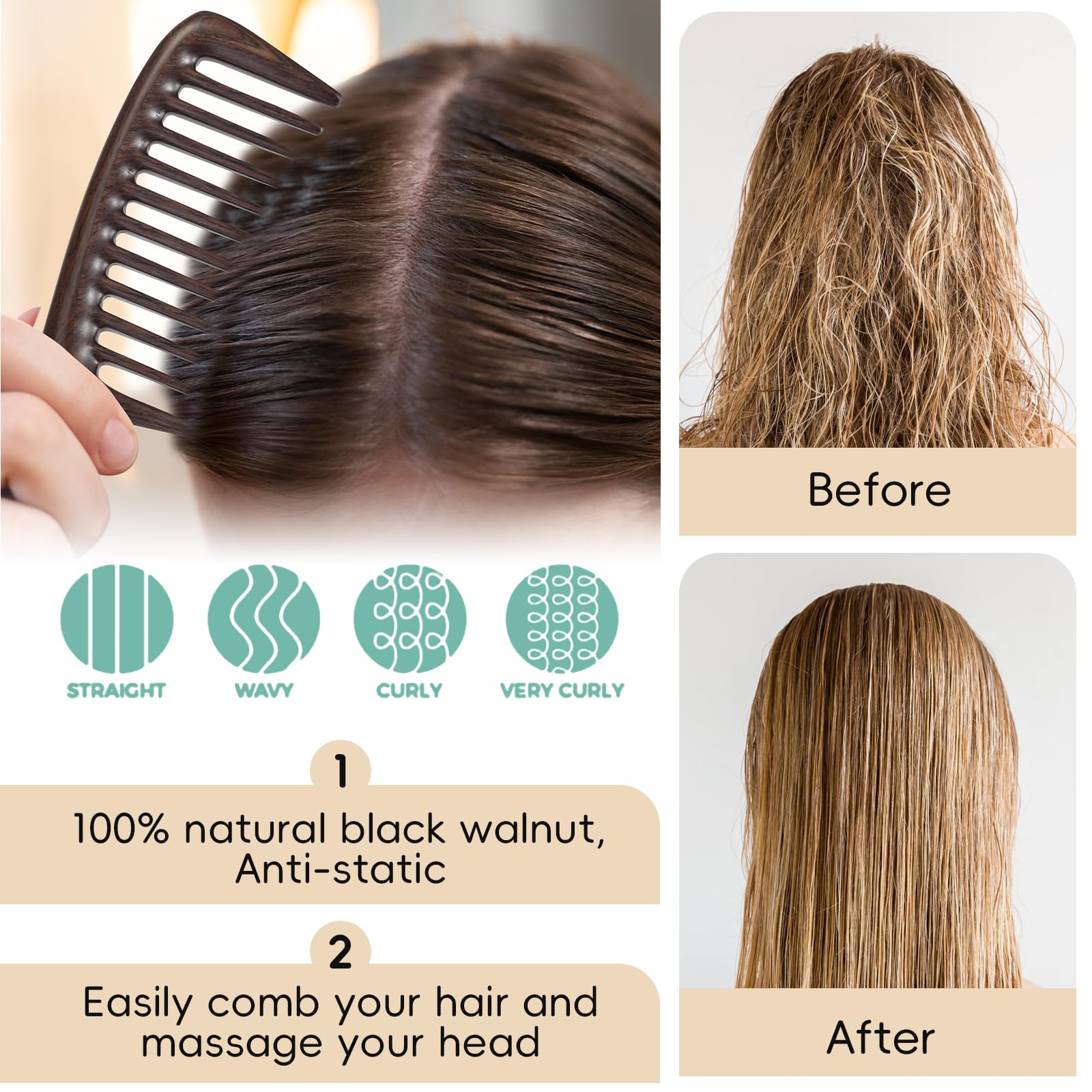 BRUSHZOO Wide Tooth Wooden Comb for Women & Men - Detangling Comb for Curly, Thick, Long Hair, Scalp Massager for Hair Growth - Perfect for Daily Hair Care, Travel & Salon Use