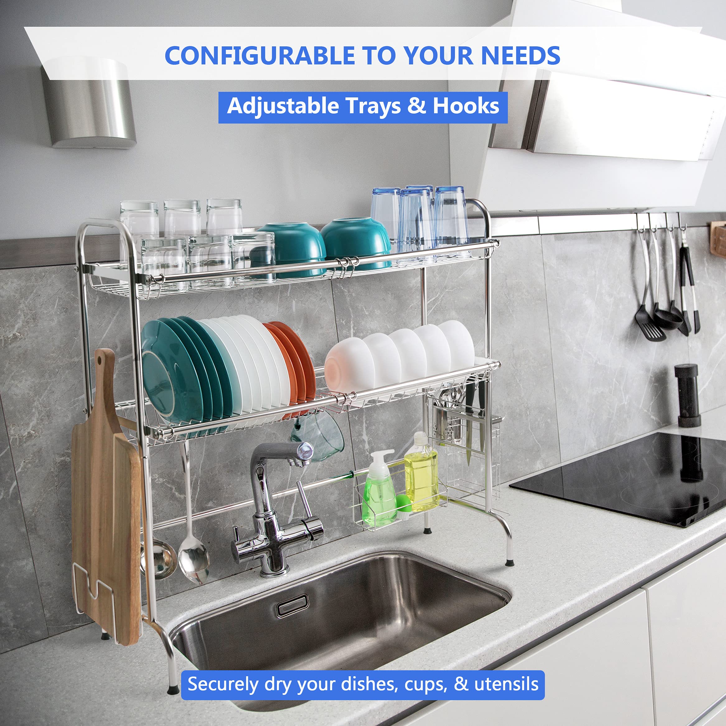 2-Tier Stainless Steel Over The Sink Dish Drying Rack with Non-Slip Feet - Large Kitchen Counter Utensil Drainer & Organizer for Plates, Pots, Cutting Boards - Perfect for Small Kitchens & Apartment Living
