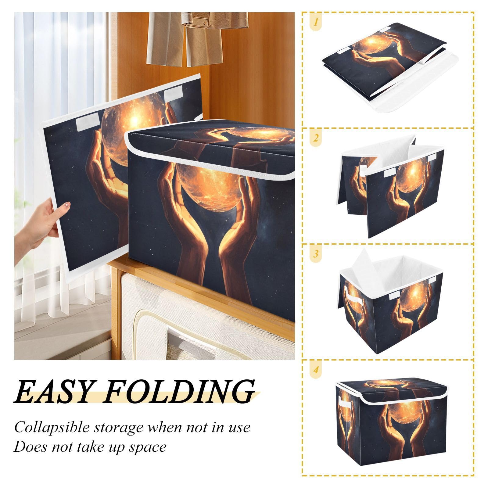 Foldable Fabric Storage Bins with Lids - Collapsible Moon Design Organizer Baskets for Bedroom, Closet & Office - Perfect for Home Organization & Space Saving
